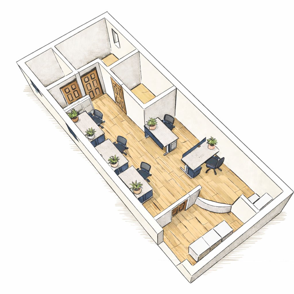 A 3D floor plan of an office space with multiple workstations, desks, office chairs, potted plants, and partitioned rooms at the back.