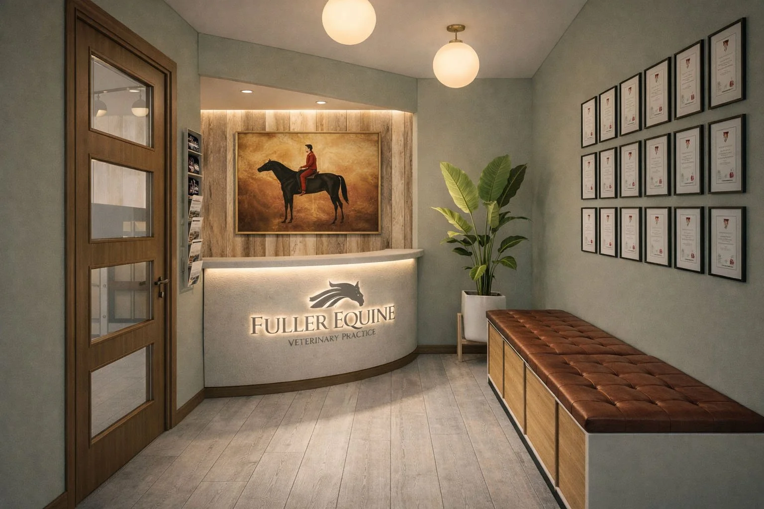 Reception area of Fuller Equine Veterinary Practice with a curved reception desk, wall-mounted certificates, a large potted plant, and a framed painting of a person riding a horse.