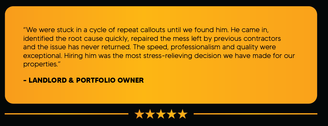 A quote from a landlord and portfolio owner praising a contractor for their quick root cause diagnosis and quality work, highlighted on an orange background with black borders and five stars at the bottom.