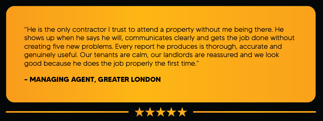 Testimonial quote about a trustworthy contractor on an orange and black background with five gold stars beneath.