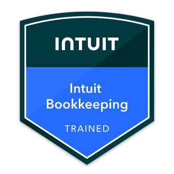 A badge with a shield shape, divided into three sections. The top section is dark blue with the word 'INTUIT' in white. The middle section is light gray with the word 'Trained' in dark blue. The bottom section is green with the word 'Bookkeeper' in white.
