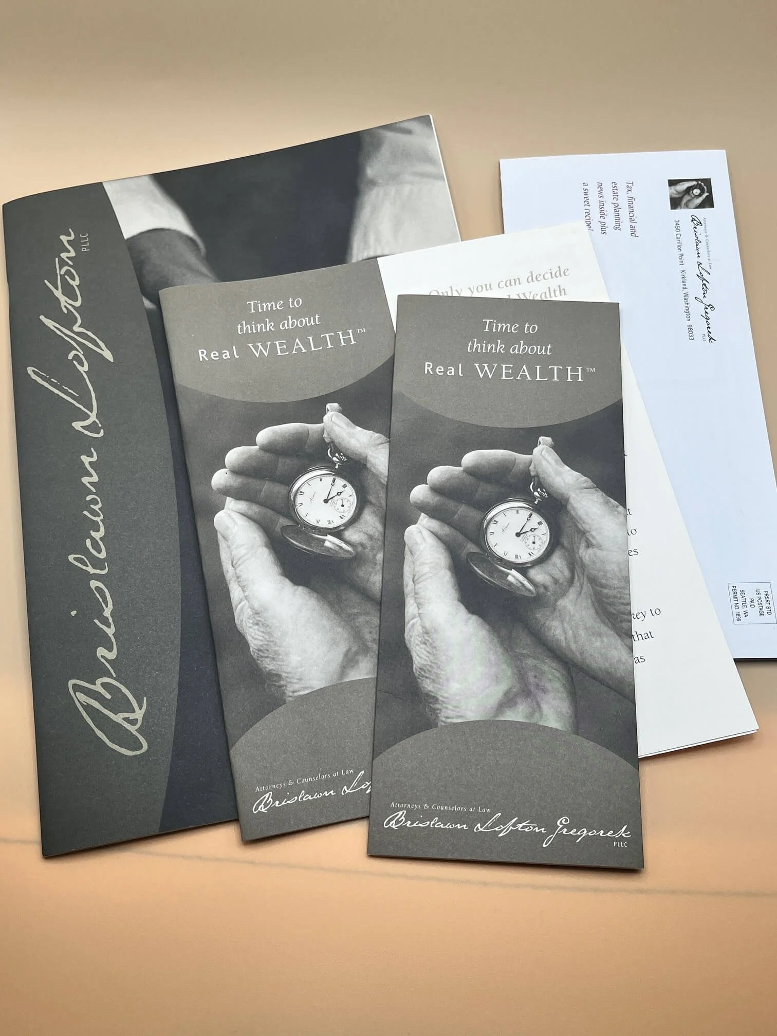 Custom printed tri-fold brochures and envelope.