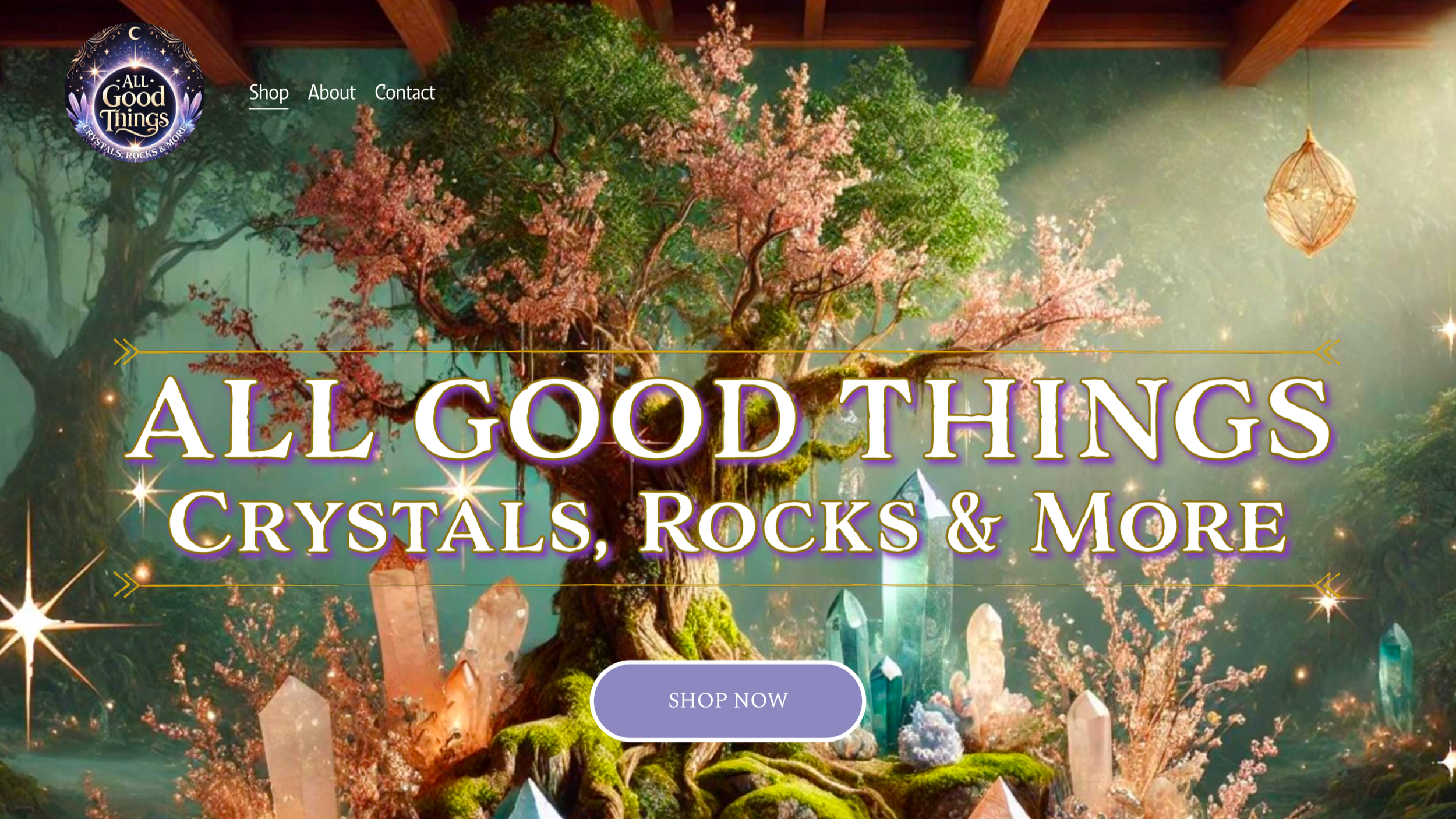 Fantasy-themed website banner for 'All Good Things' shop, displaying a mystical forest with pink blooming trees, sparkling crystals, and glowing lights.
