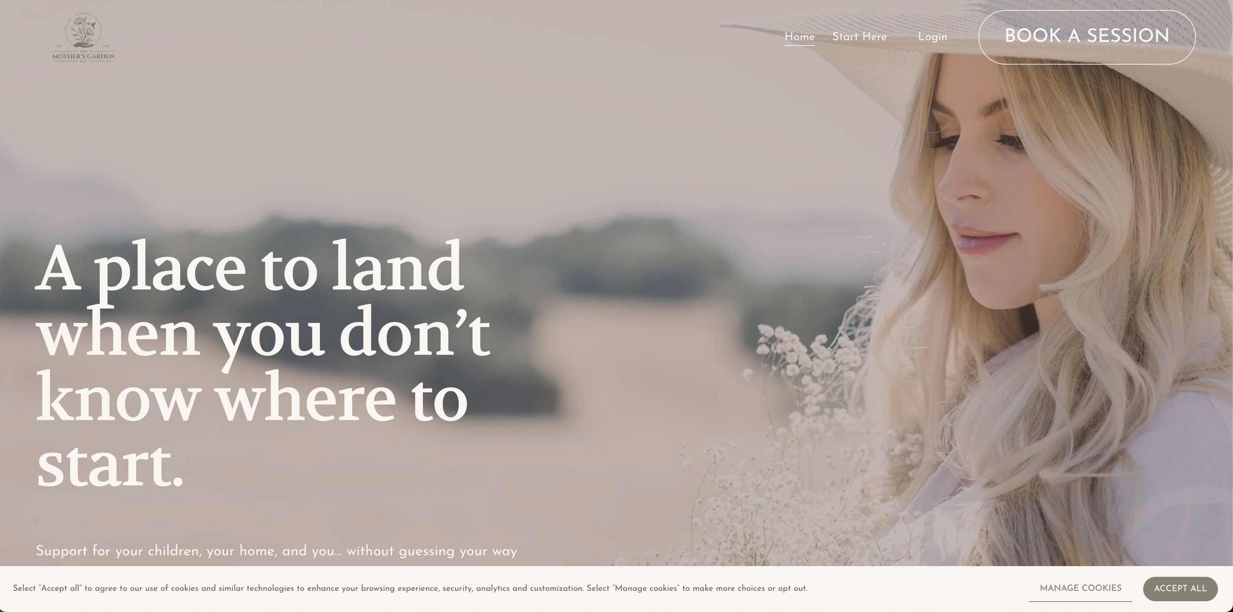 A woman with long blonde hair wearing a wide-brimmed hat holding a small bouquet of white flowers, with a scenic outdoor background.