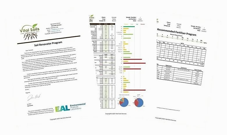 Analysis reports and charts for soil testing and fertilization recommendations from Vital Soils and Environmental Analysis Laboratory.