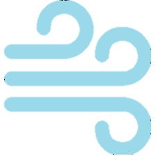 Stylized blue wind or breeze icon with swirling lines.
