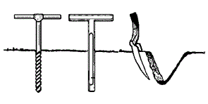 Illustration of a sewing machine needle, a screw, and a twisted piece of fabric or thread.