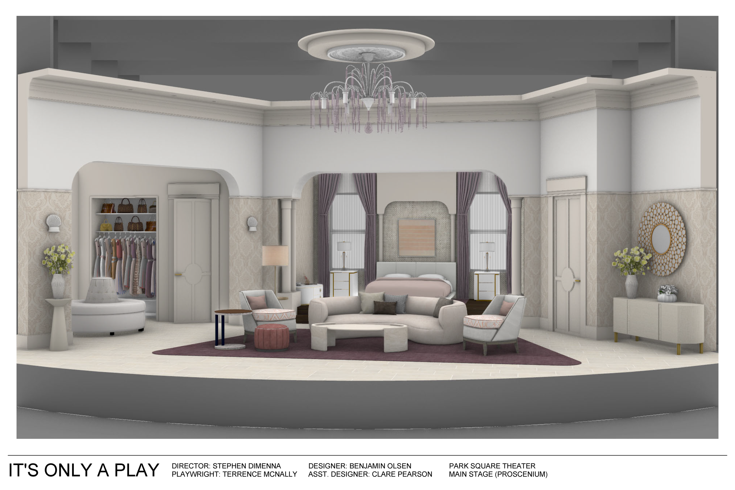 Interior stage set design for a play, featuring a bedroom scene with a bed, nightstands, lamps, a sitting area with sofas and chairs, a closet with clothing, and decorative elements like vases and a mirror.