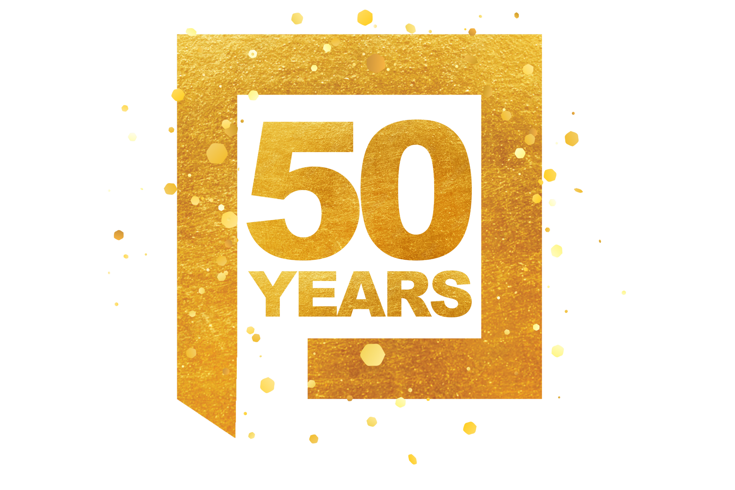 A gold-colored, three-dimensional number 50 surrounded by a frame with 50 Years written below in gold.