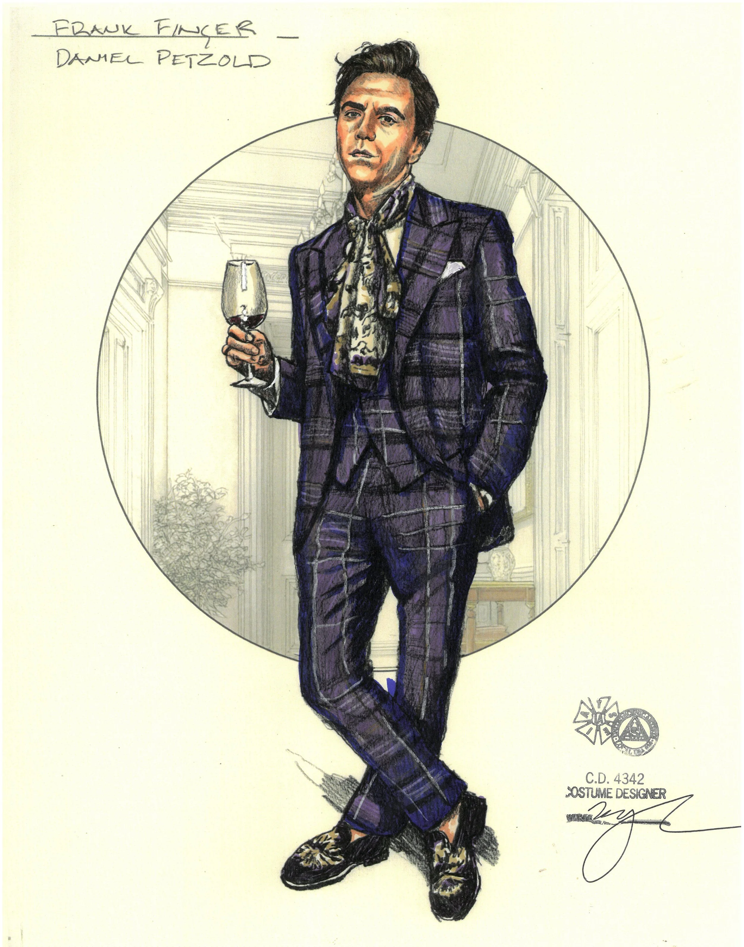 Fashion illustration of a man in a purple plaid suit holding a glass of wine, standing in an elegant interior.