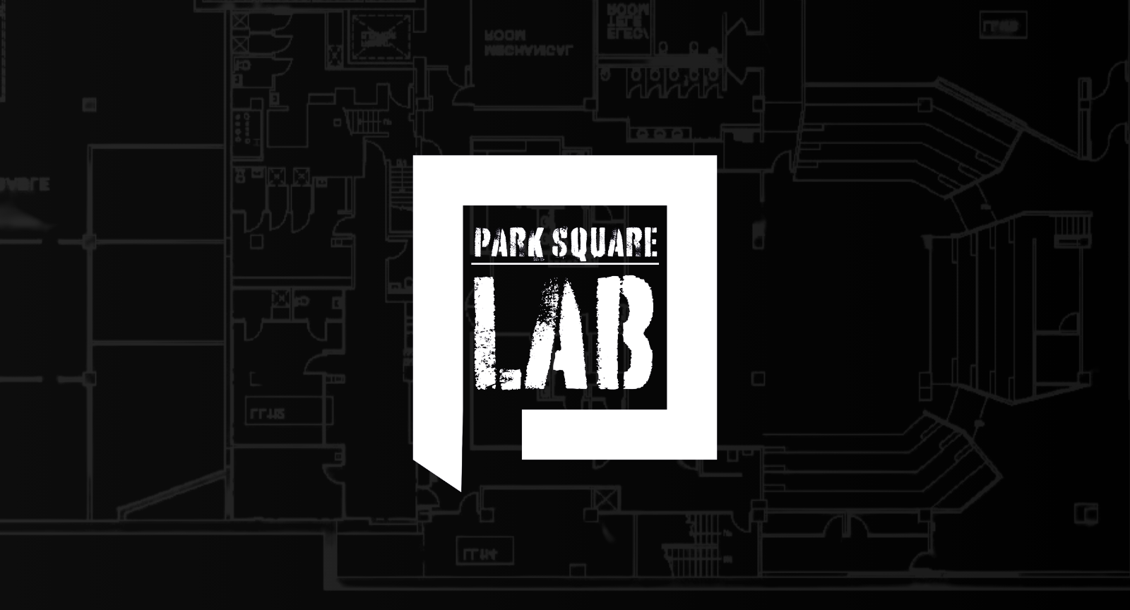 Logo for Park Square Lab with stylized text and outline of a speech bubble over a building blueprint background.