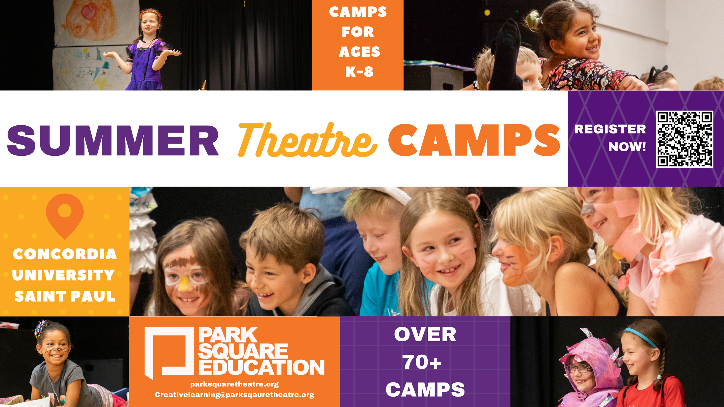 Children participating in a summer theatre camp, with some dressed in costumes, smiling and engaging in activities on stage, promoting summer theatre camps for ages K-8 at Concordia University Saint Paul, organized by Park Square Education.