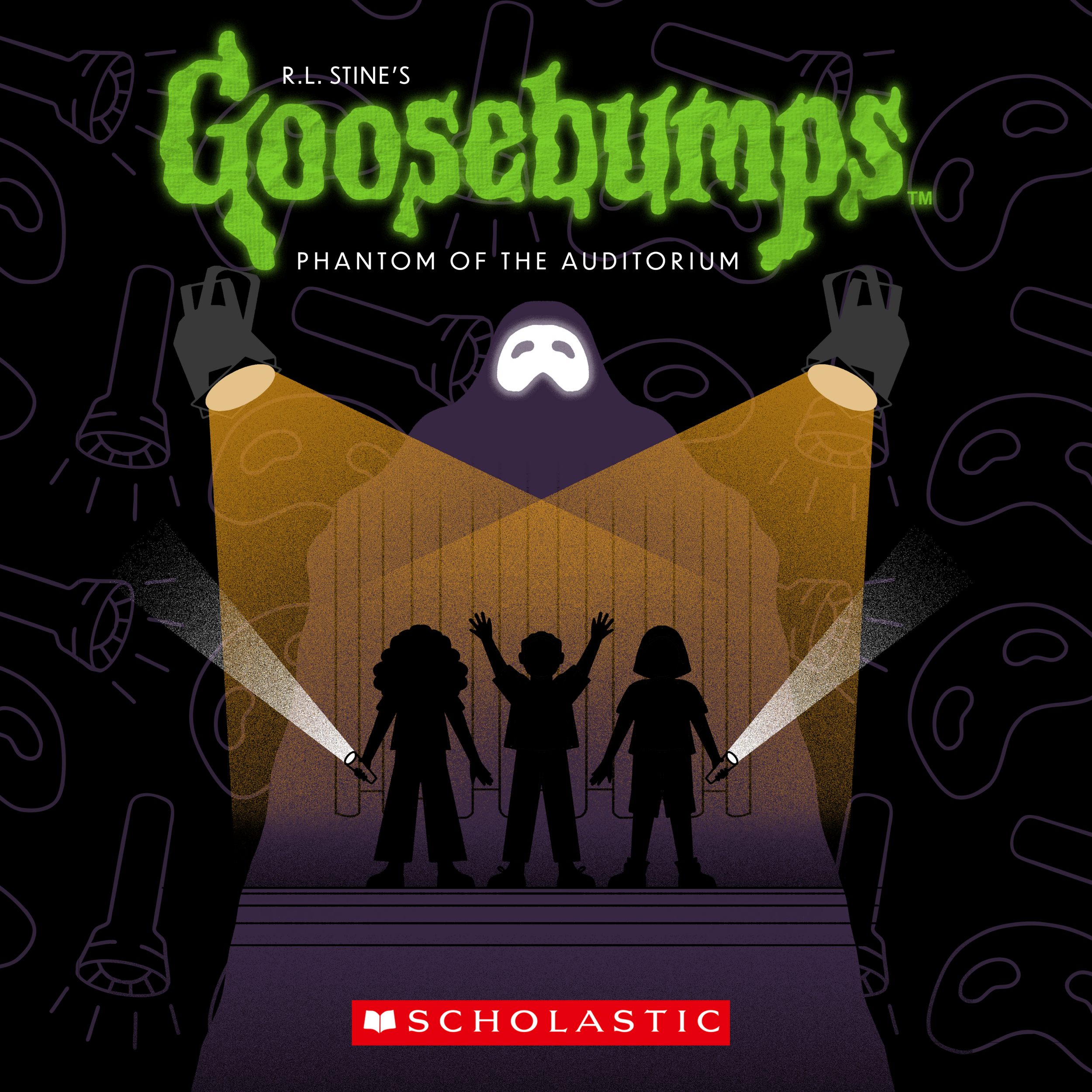 Illustration of three children on stage with flashlights, looking at a masked figure behind bars, under theatrical lighting, with a background pattern of megaphones.