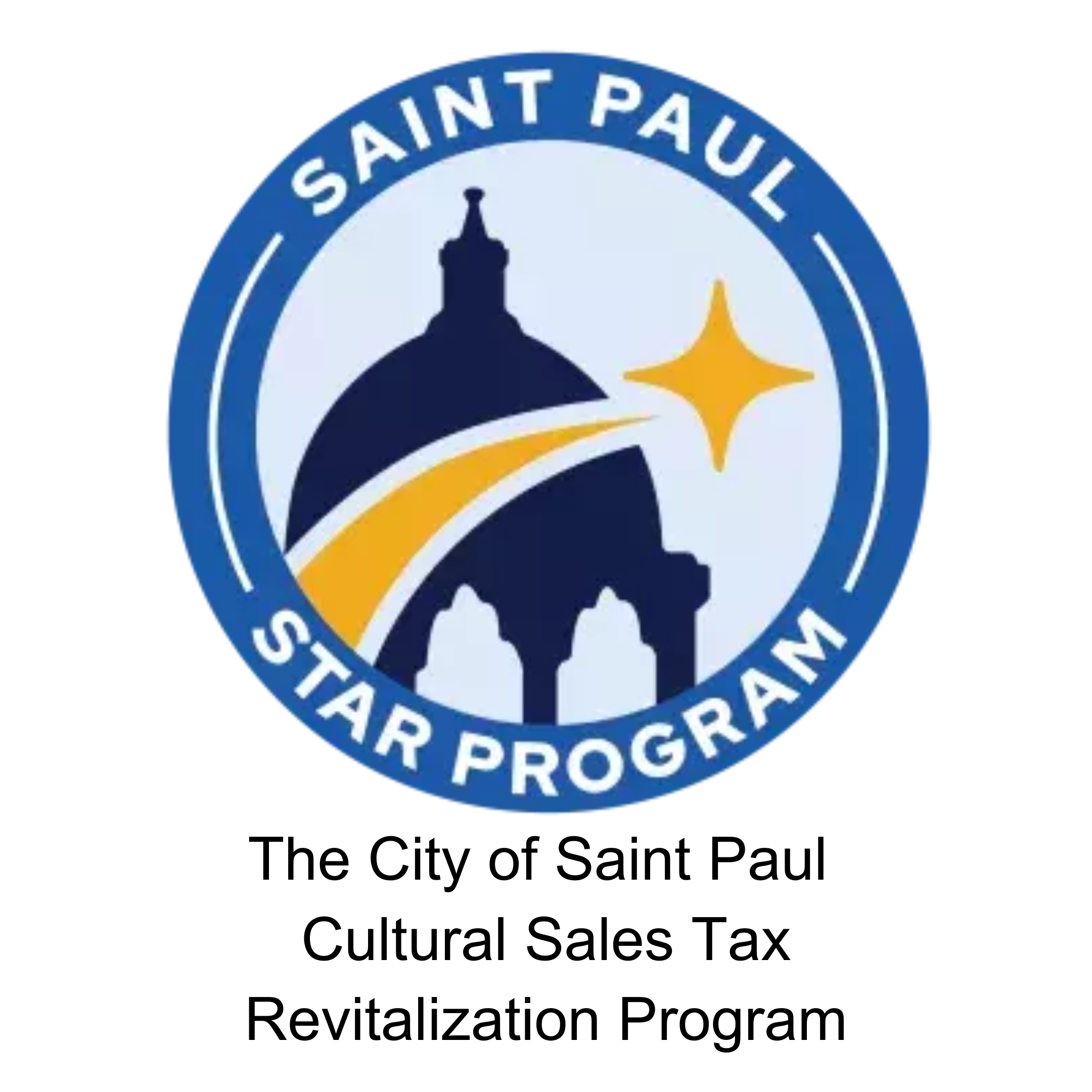 Emblem of the City of Saint Paul featuring a depiction of the state Capitol building silhouette, a stylized swoosh, and a star, with the text "Saint Paul Star Program" around the circle, and a description below stating "The City of Saint Paul Cultura