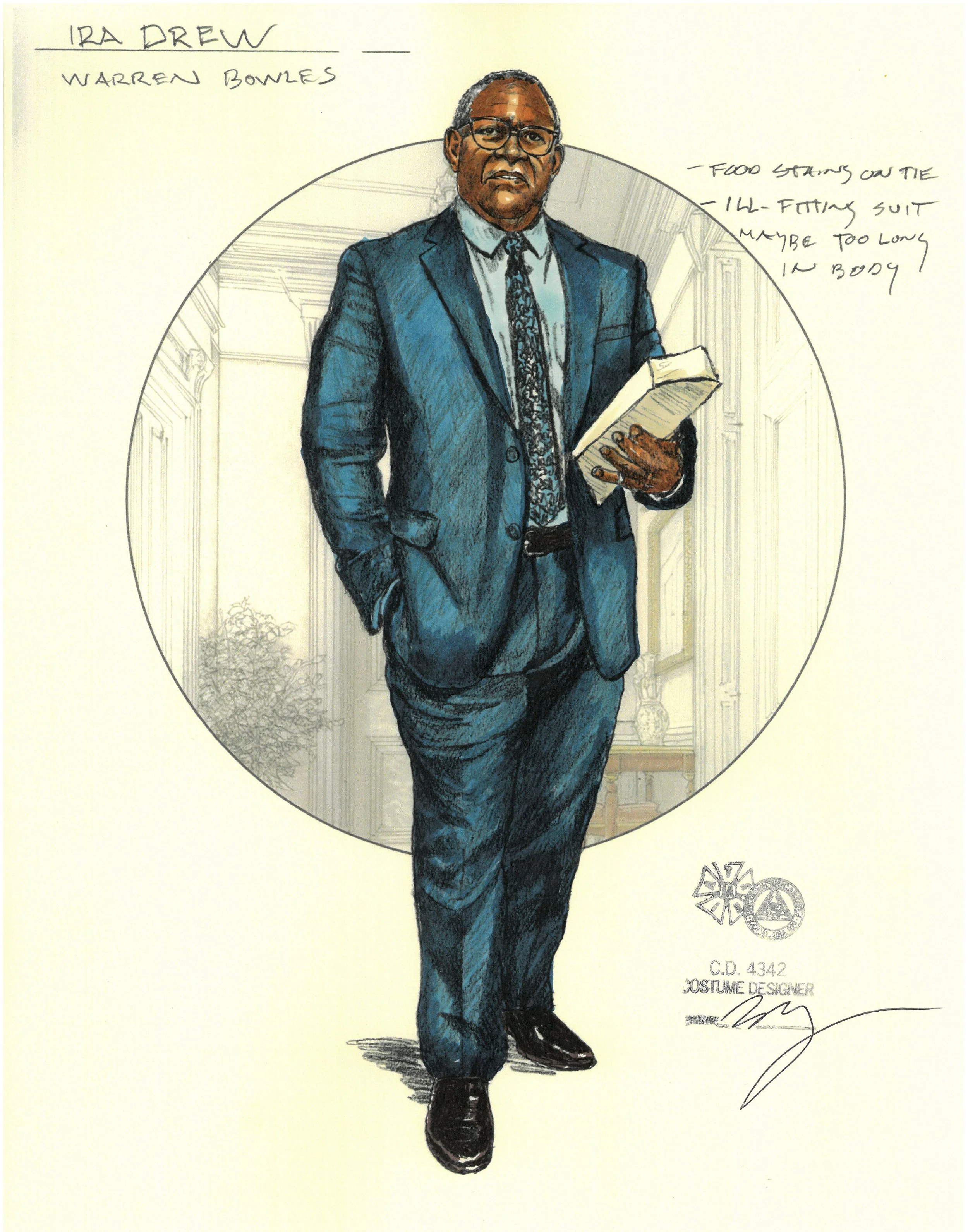 Hand-drawn illustration of Ira Drew, a man in a blue suit with glasses, holding a book, standing in an elegant room with architectural details. The illustration includes handwritten notes about his appearance and outfit, and there are signatures and 