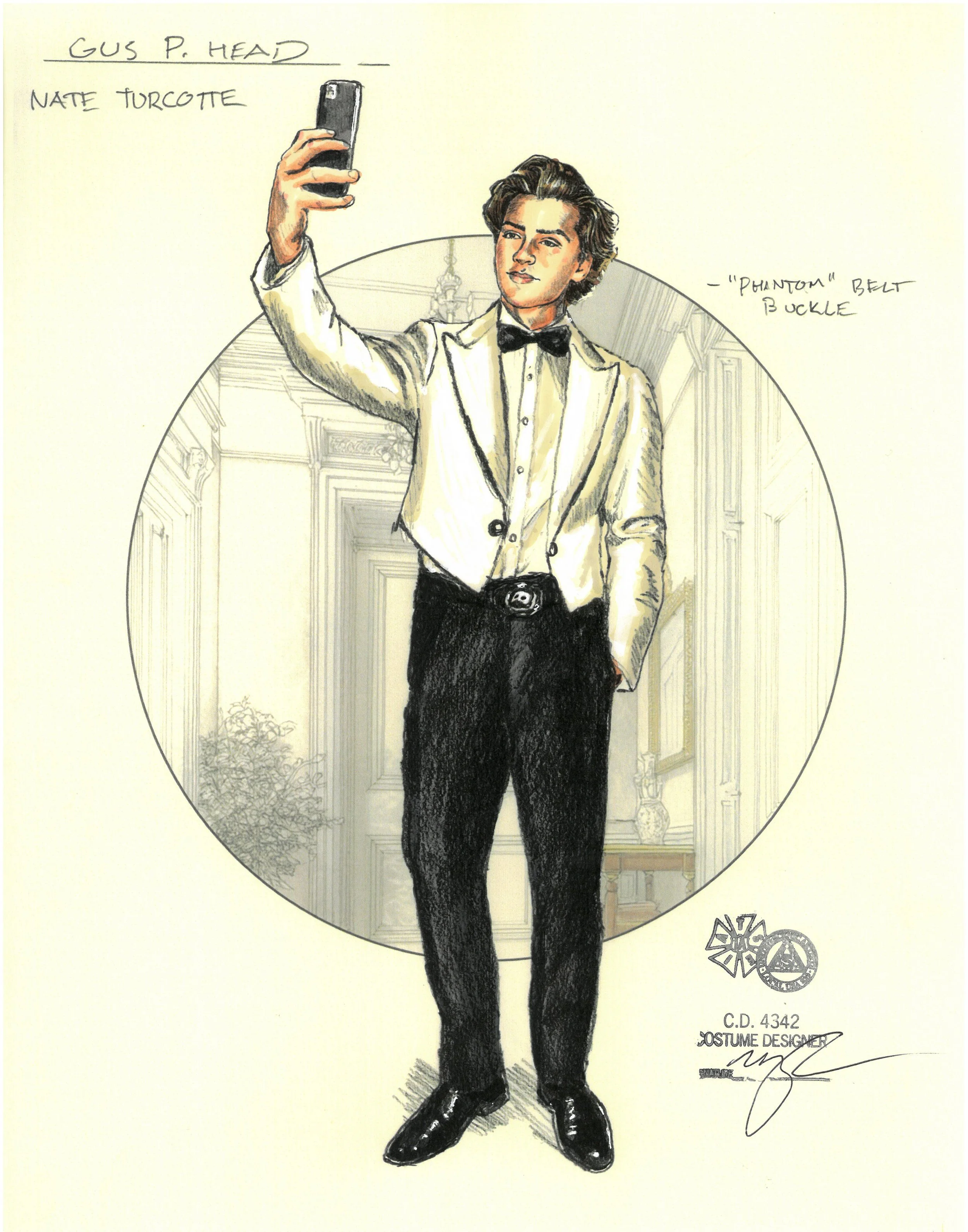 Drawing of a young man in tuxedo taking a selfie, labeled as Gus P. Head, with notes indicating his costume includes a 'Phantom' belt buckle. The man is dressed in a white tuxedo jacket, black pants with a belt, and a bowtie, standing in a grand inte