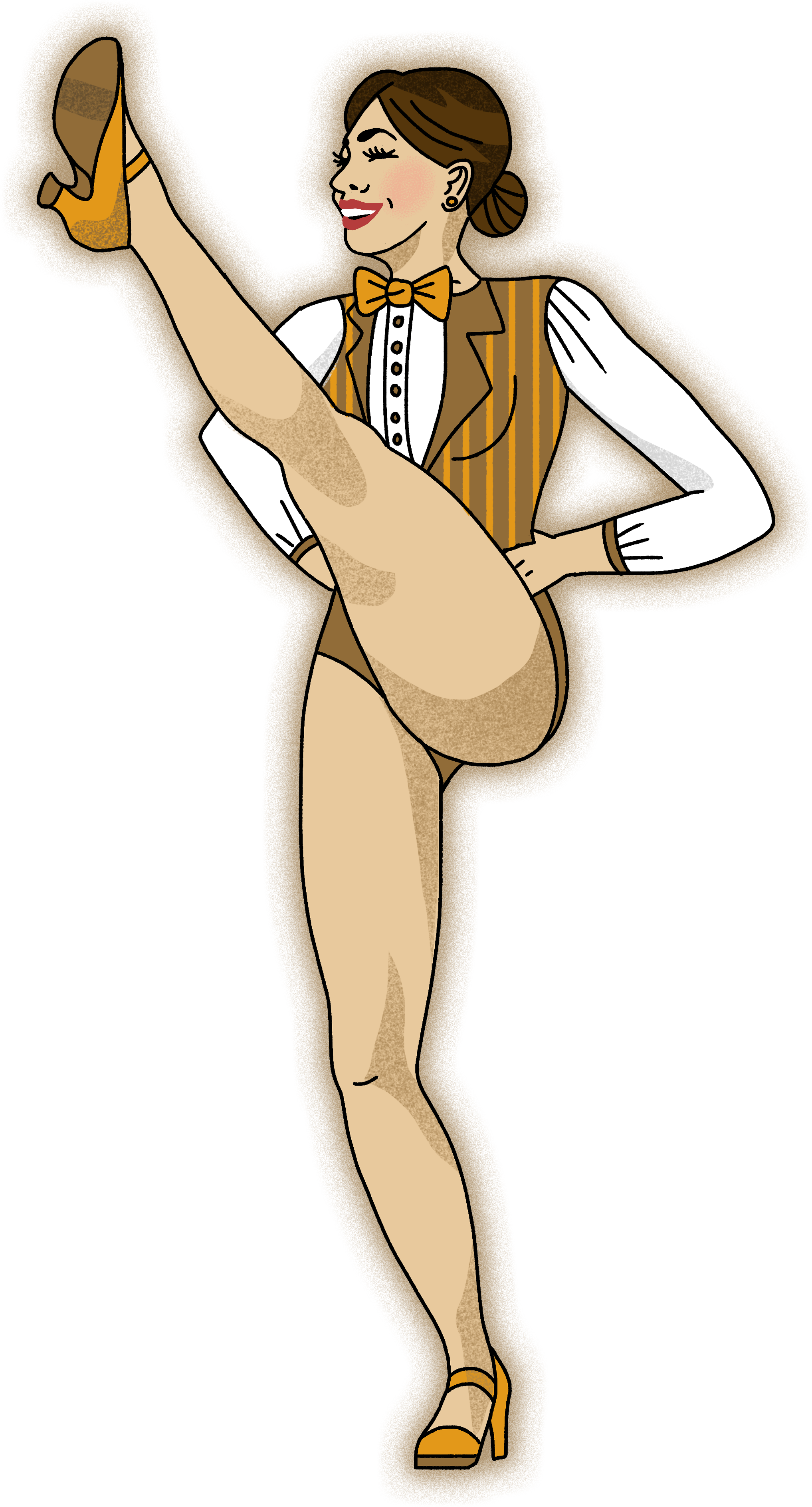 A woman in a vintage waitress uniform, stretching her leg high, smiling, with a brown background.
