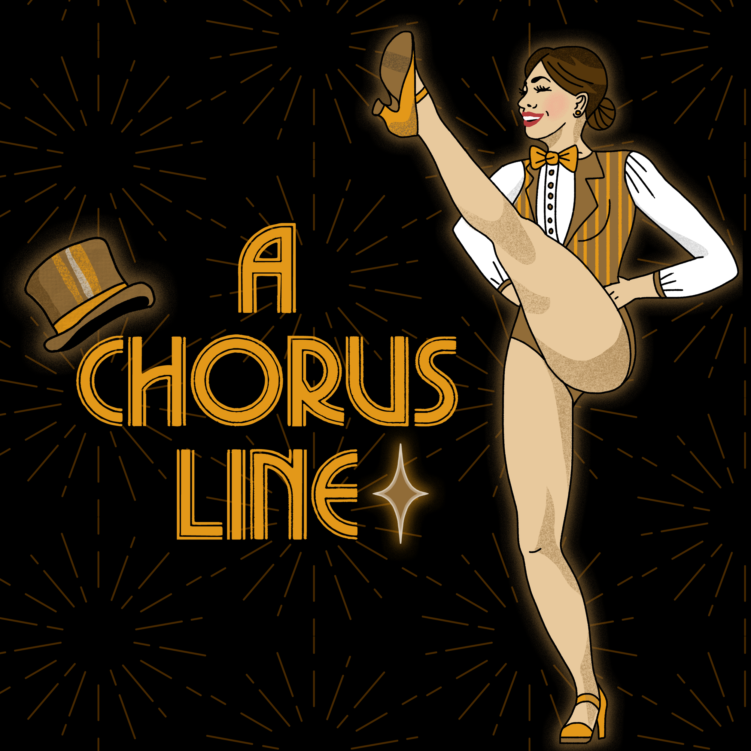 A woman dressed as a circus performer or showgirl, lifting her leg in a high kick, wearing a striped vest, white shirt with puffy sleeves, orange bow tie, and high heel shoes, standing next to the words 'A Chorus Line' with a top hat illustration against a black background with gold starburst and sparkle effects.