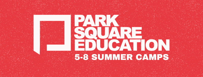 Red background with white text promoting Park Square Education's summer camps for children aged 5-8. The text includes the logo and states '5-8 Summer Camps'.
