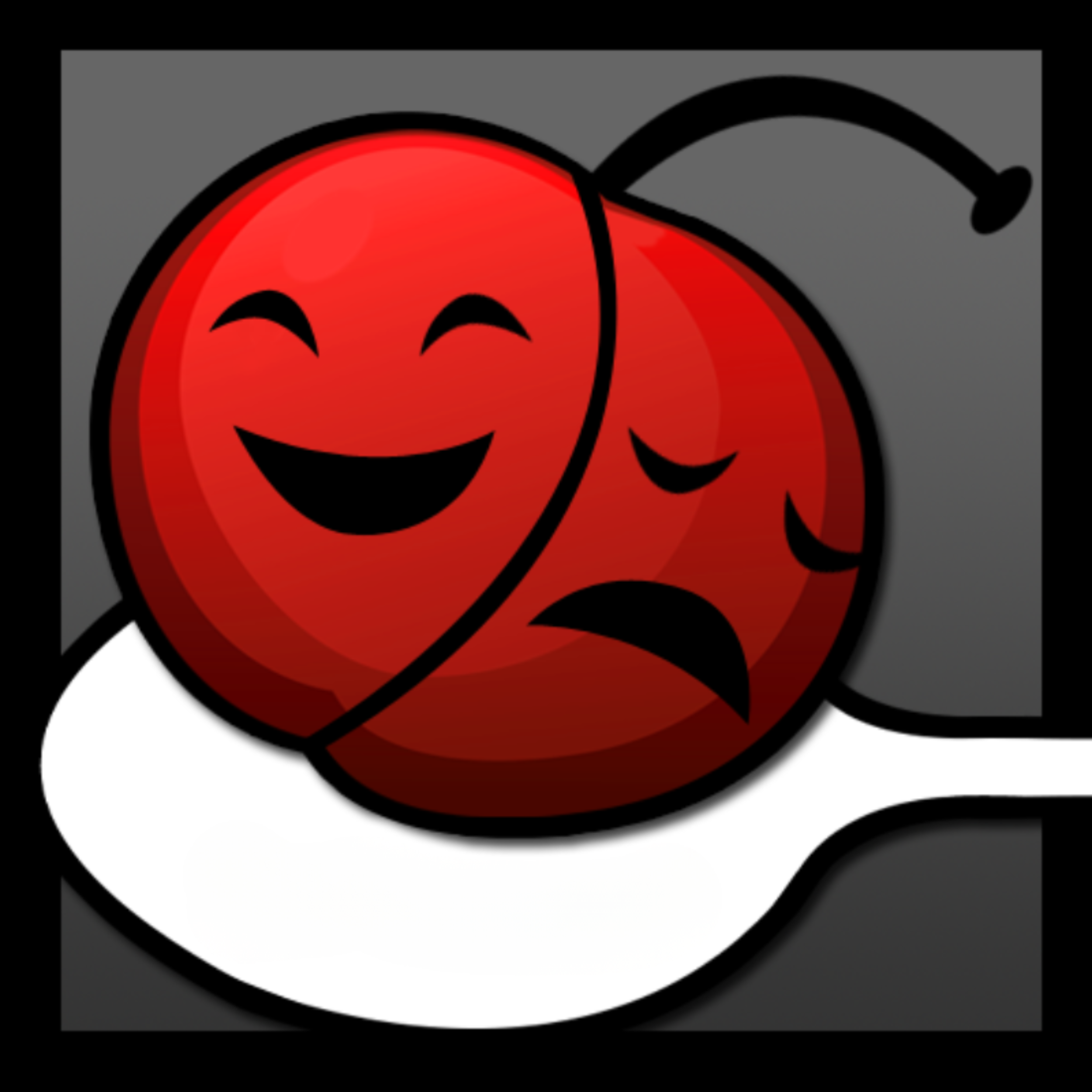 Illustration of a smiling cherry with a sad face on its other side, being held by a hand against a gray background.