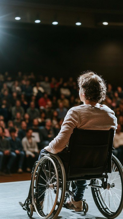 Person in a wheelchair speaking in front of a large audience in a dark room.