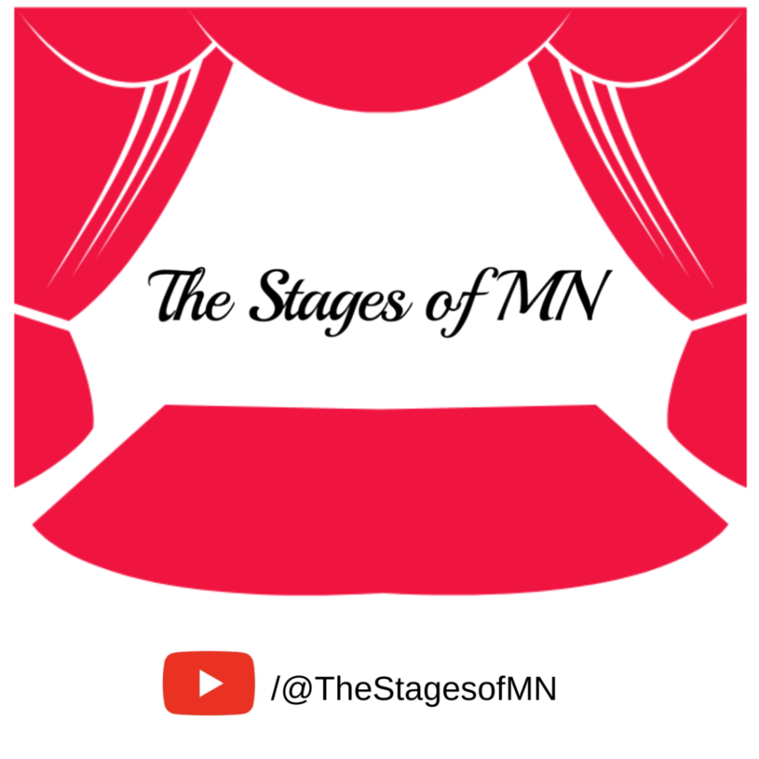 Red theater curtains opening with the text 'The Stages of MN' in the center, and a YouTube logo with the handle '@TheStagesofMN' below.