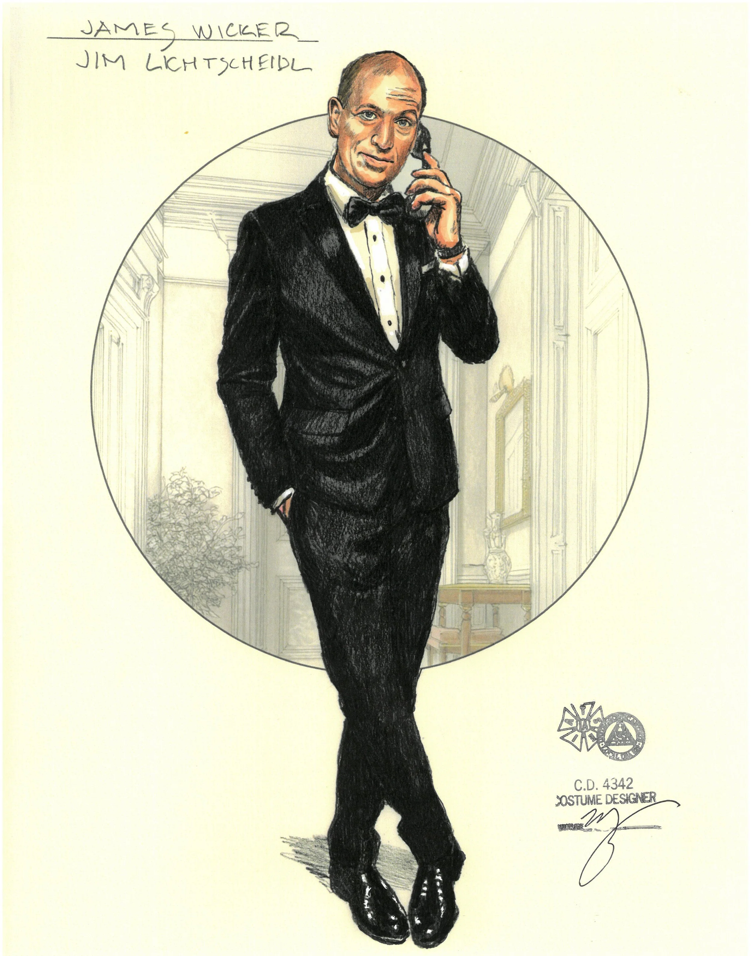 Hand-drawn illustration of James Wicker, dressed in a tuxedo, standing with one hand in his pocket and holding a phone to his ear with the other, set against an elegant interior background.