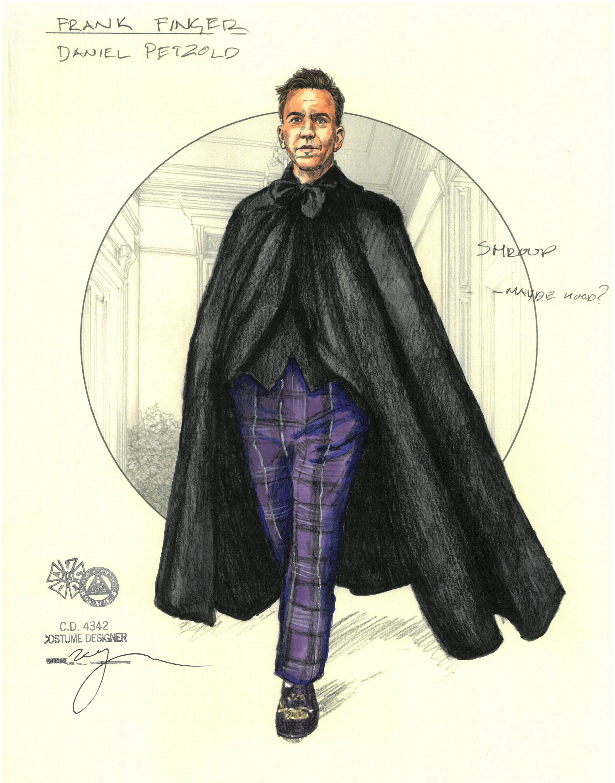 Drawing of a man in a black cape and purple plaid pants, standing in a hallway. The drawing includes handwritten notes, with "Frank Finger" and "Daniel Petzold" at the top, and a signature at the bottom left. The background features a circle and some