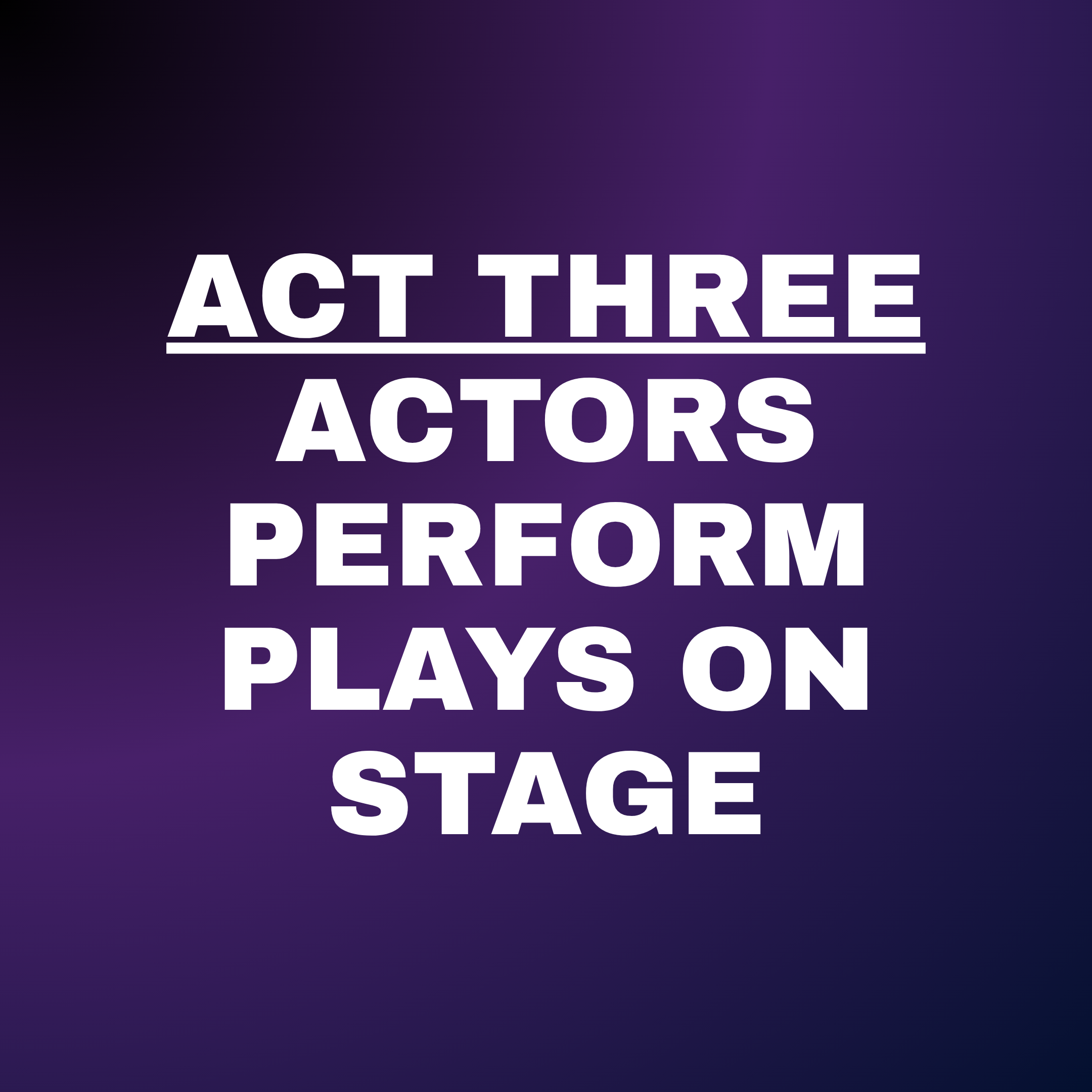 Stage background with the text 'Act Three: See Your Play on Stage' in white capital letters on a dark blue gradient background.