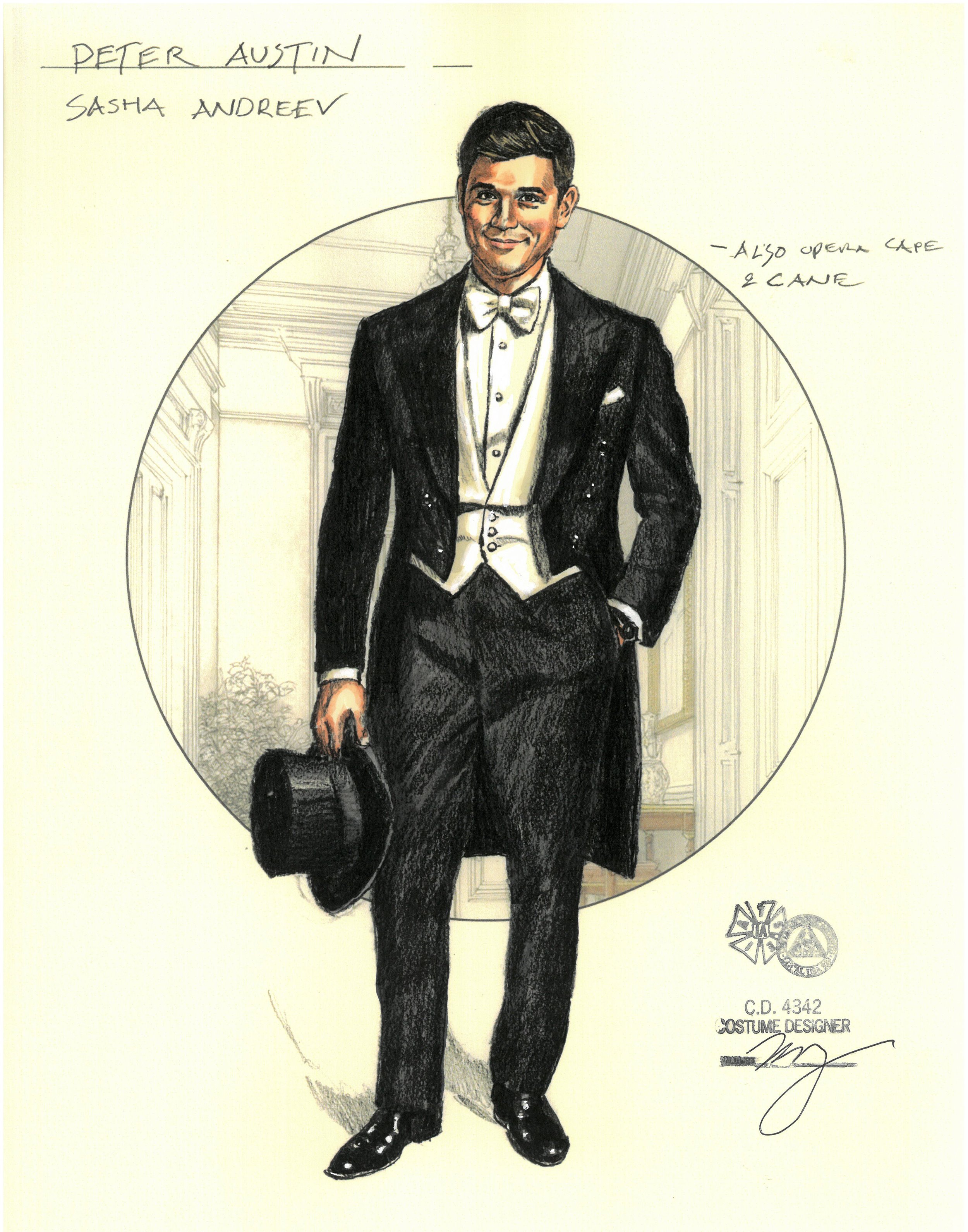 Hand-drawn portrait of a man in formal tuxedo with a bow tie, holding a top hat, standing inside a circular frame with a background of an elegant interior. The drawing includes handwritten text with names 'Peter Austin' and 'Sasha Andreev,' and notes