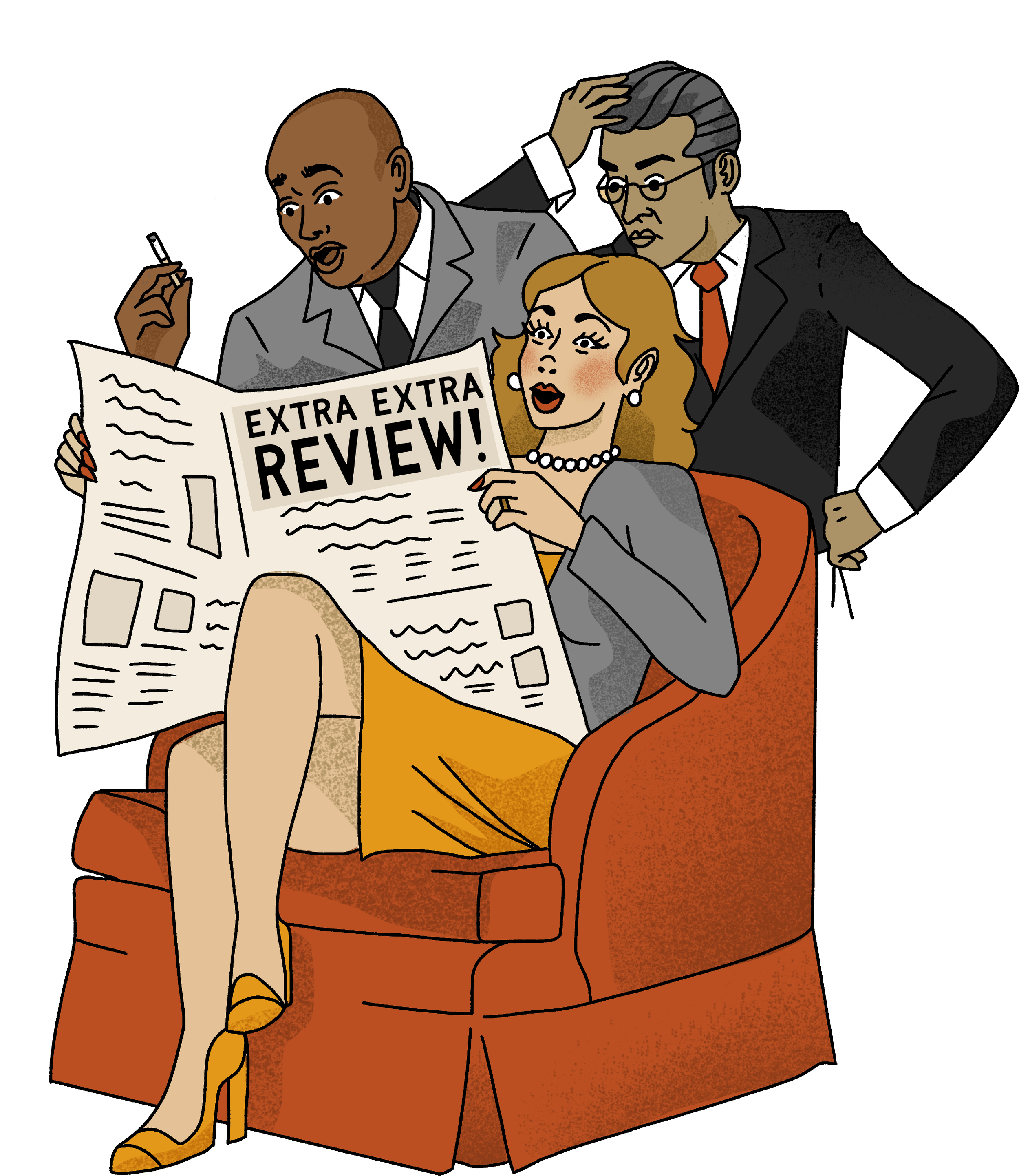 Illustration of three people gathered around a woman sitting on an orange armchair, reading a newspaper titled 'Extra Extra Review'. The woman has red hair, is dressed in a gray blazer and yellow skirt, and is wearing yellow shoes and pearl jewelry. The two men stand behind her, one with dark hair and glasses, the other with a bald head, both dressed in suits.