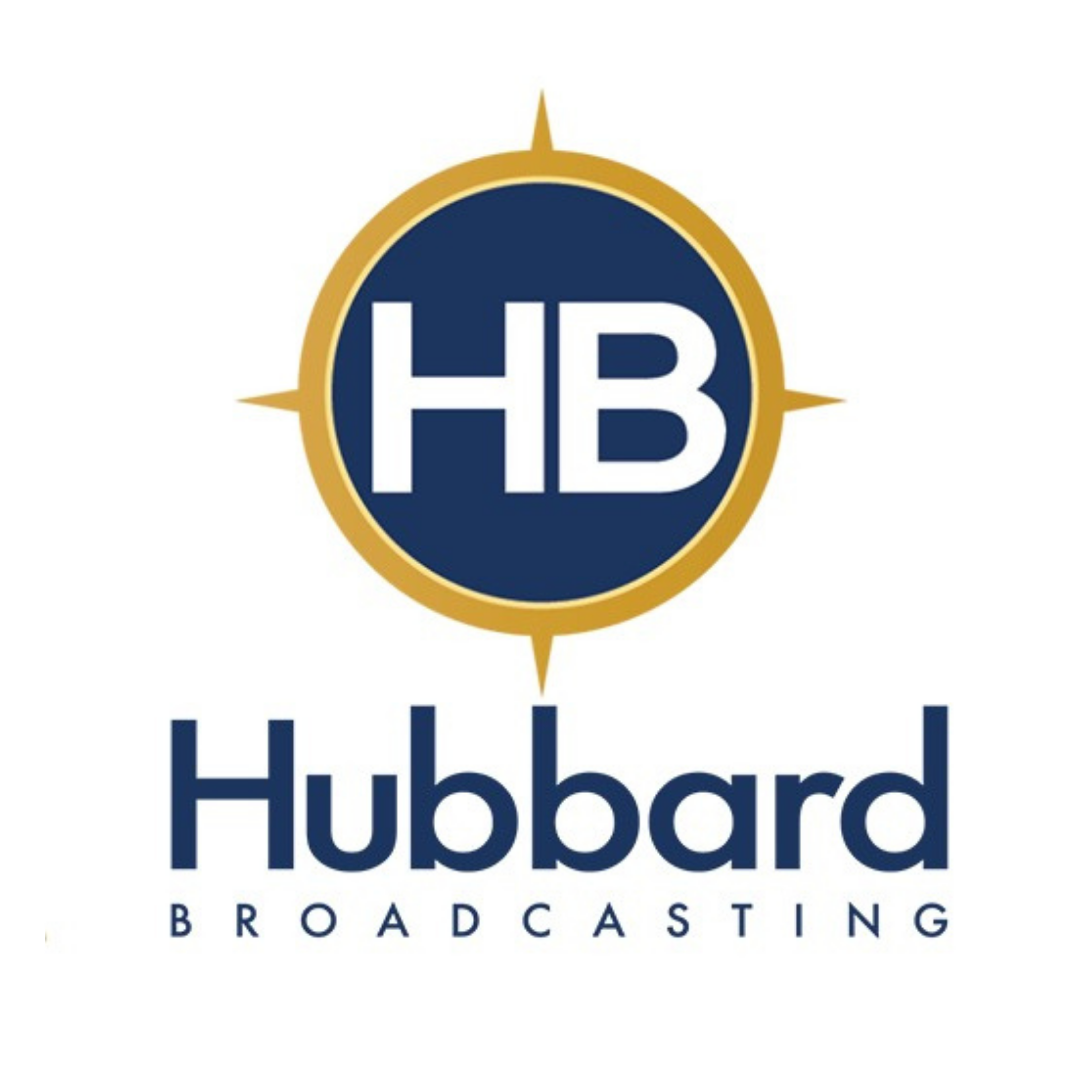 Hubbard Broadcasting logo featuring a blue circle with 'HB' in white letters, surrounded by a gold compass-like design, with 'Hubbard' in bold blue text and 'Broadcasting' below in smaller blue letters.