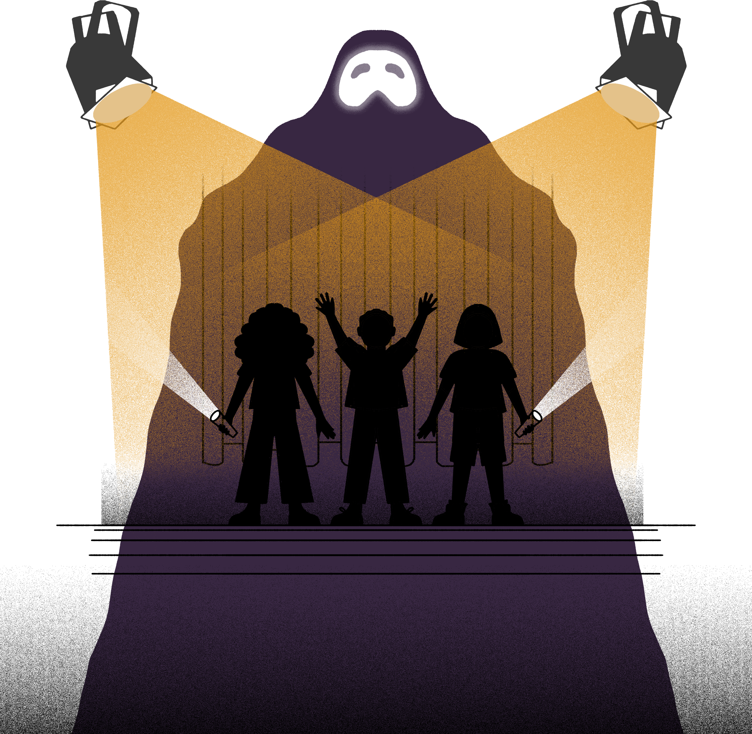 Silhouettes of three children holding flashlights and raising their hands, acting as stage lights, with a large, shadowy figure of a person in the background, highlighted by orange and white spotlights.