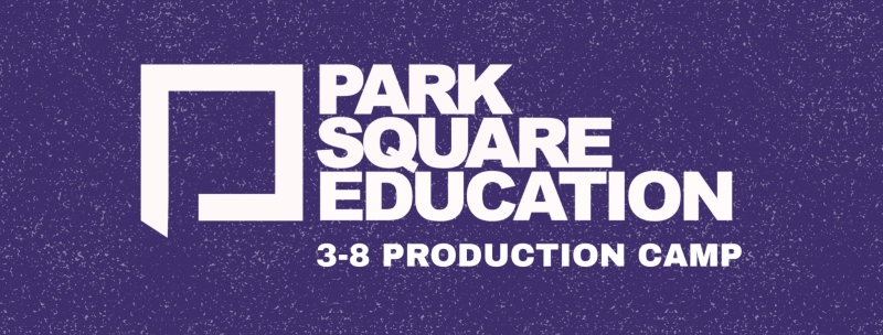 Logo for Park Square Education 3-8 Production Camp with white text and icon on a purple starry background.