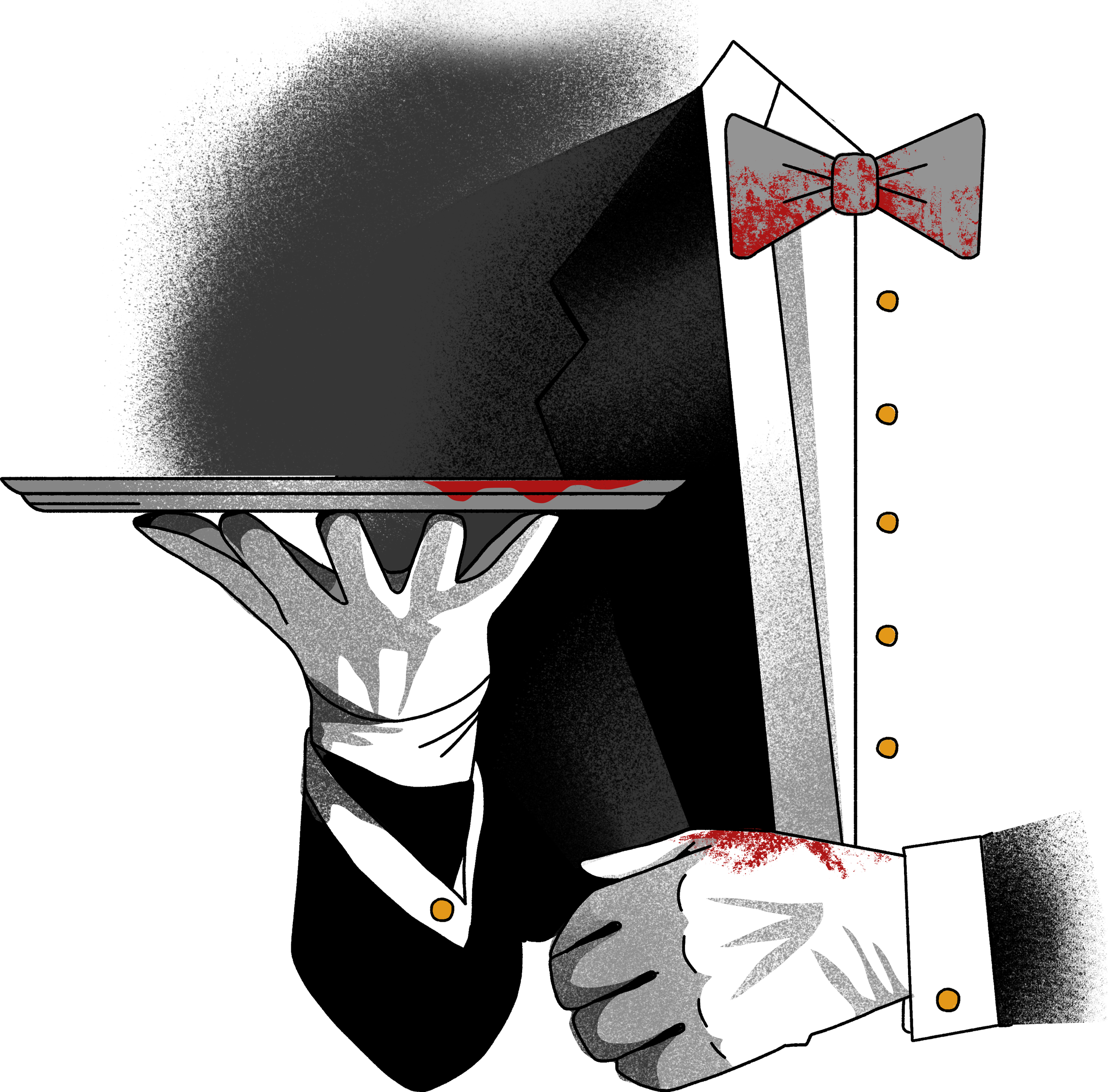 A cartoon illustration of a person dressed as a waiter or butler holding a tray with a black cake with a messy, grimy appearance. The person is wearing a black tuxedo with a red bow tie, which is splattered with red, suggesting blood or sauce.