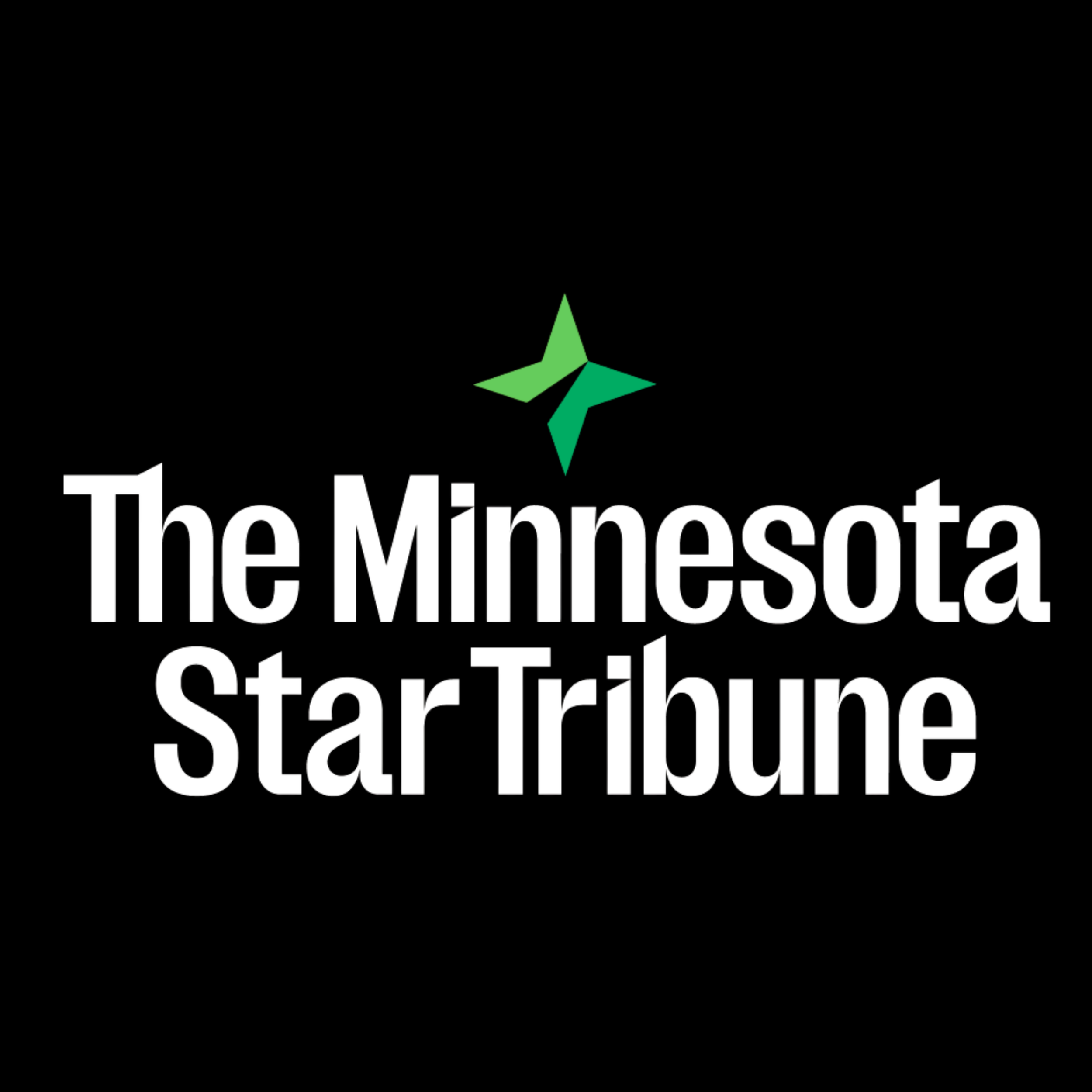 Logo of The Minnesota Star Tribune with green star icon and black background.
