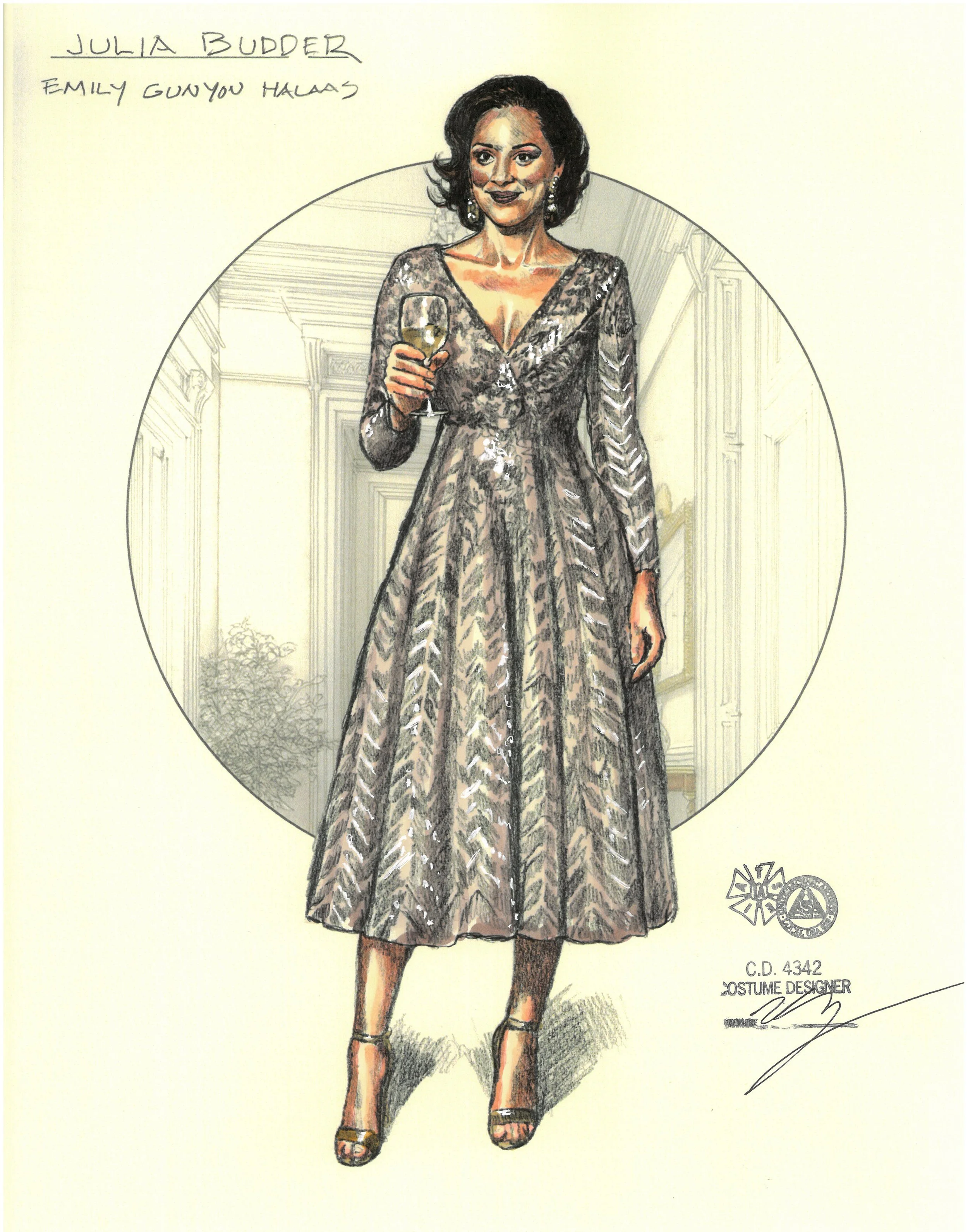Hand-drawn illustration of Julia Budder in a metallic, patterned gown, holding a glass of wine, standing in a hallway with detailed paneling and a potted plant in the background. The drawing includes handwritten text with her name and the costume des