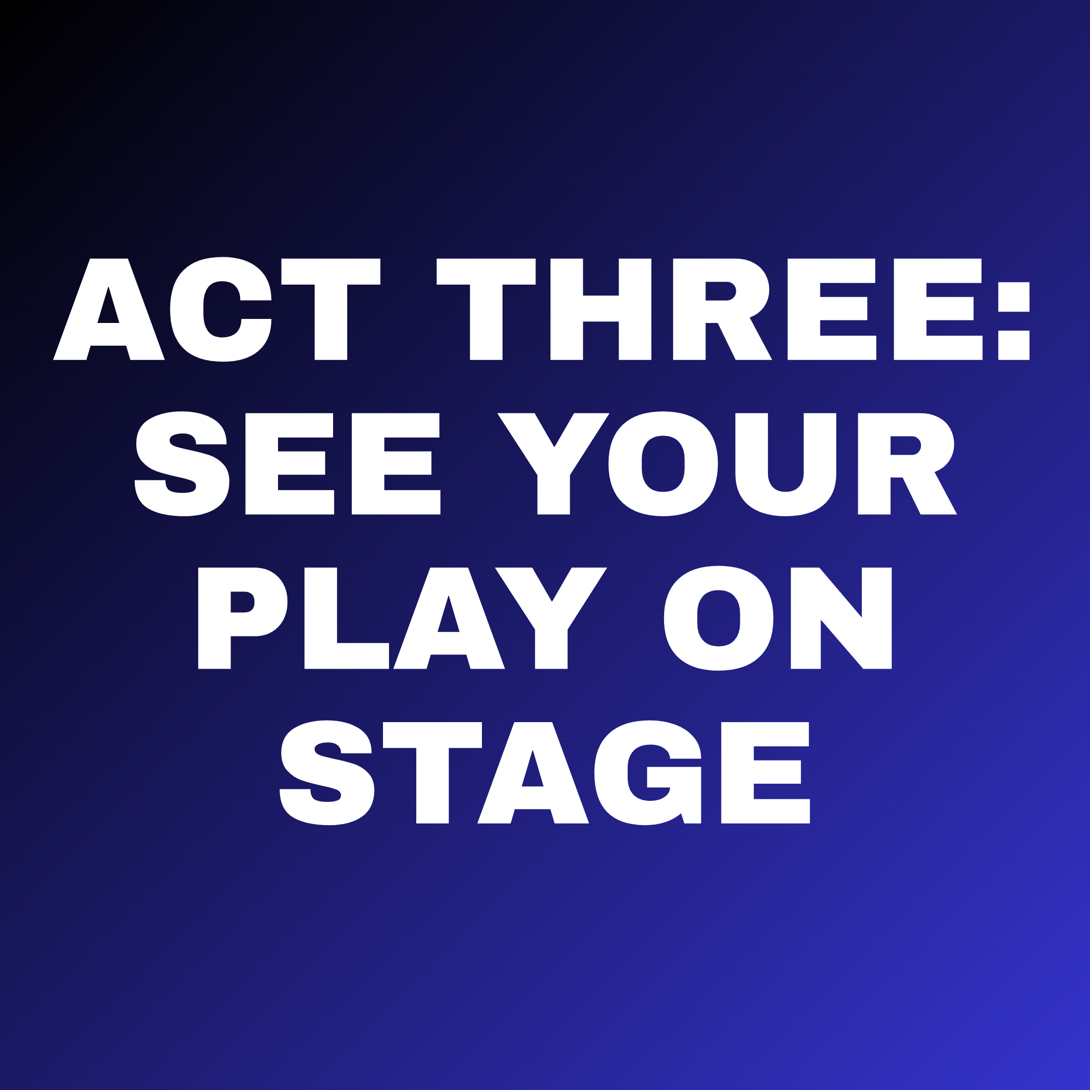 Stage background with the text 'Act Three: See Your Play on Stage' in white capital letters on a dark blue gradient background.
