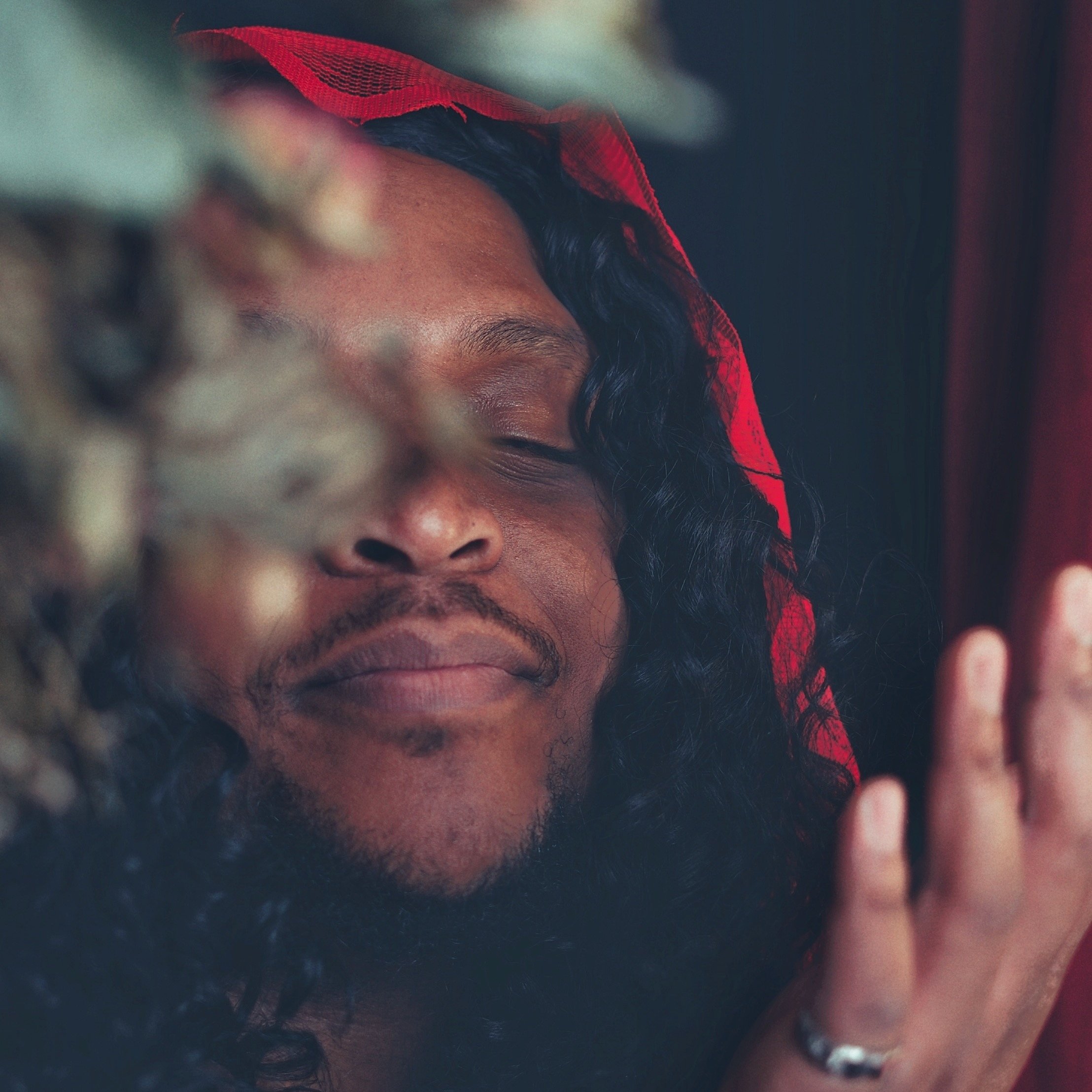 A person with long curly black hair and a beard, with eyes closed, is resting with their head next to a dog laying on a pillow, surrounded by red and dark-colored curtains.