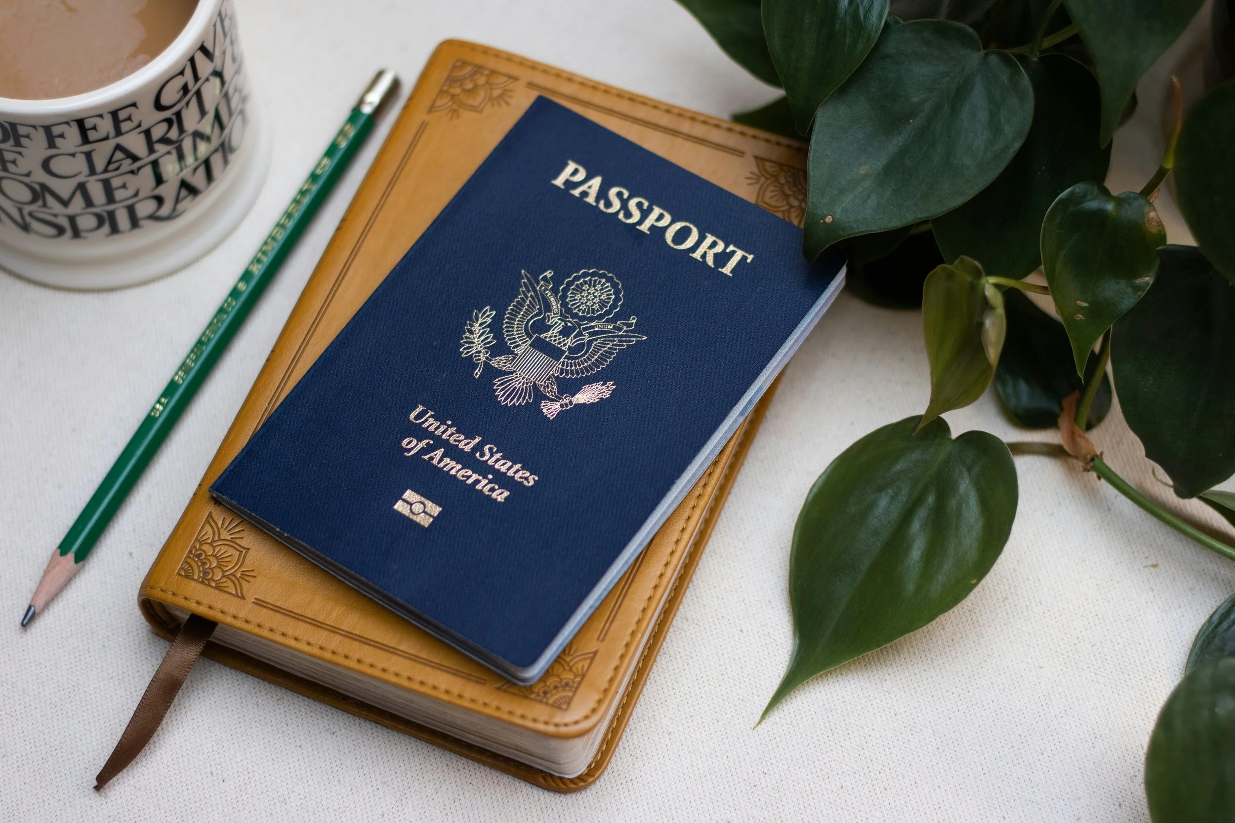 A United States passport resting on a closed, tan leather journal, with a green pencil nearby, a white cup with black text, and green leafy plant leaves around on a white surface.