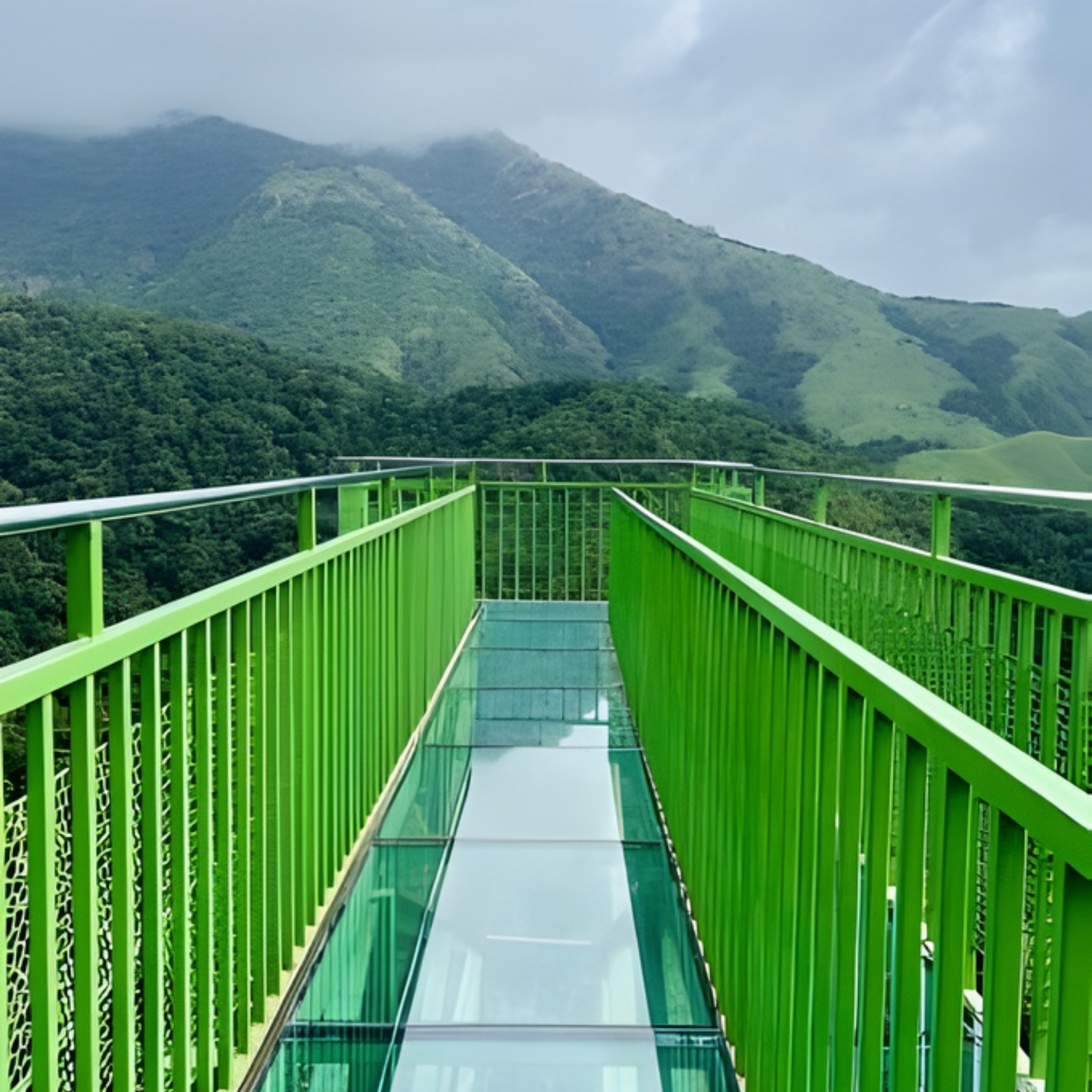 A glass walkway with bright green railings extending into a mountainous landscape with lush green hills and a cloudy sky.
