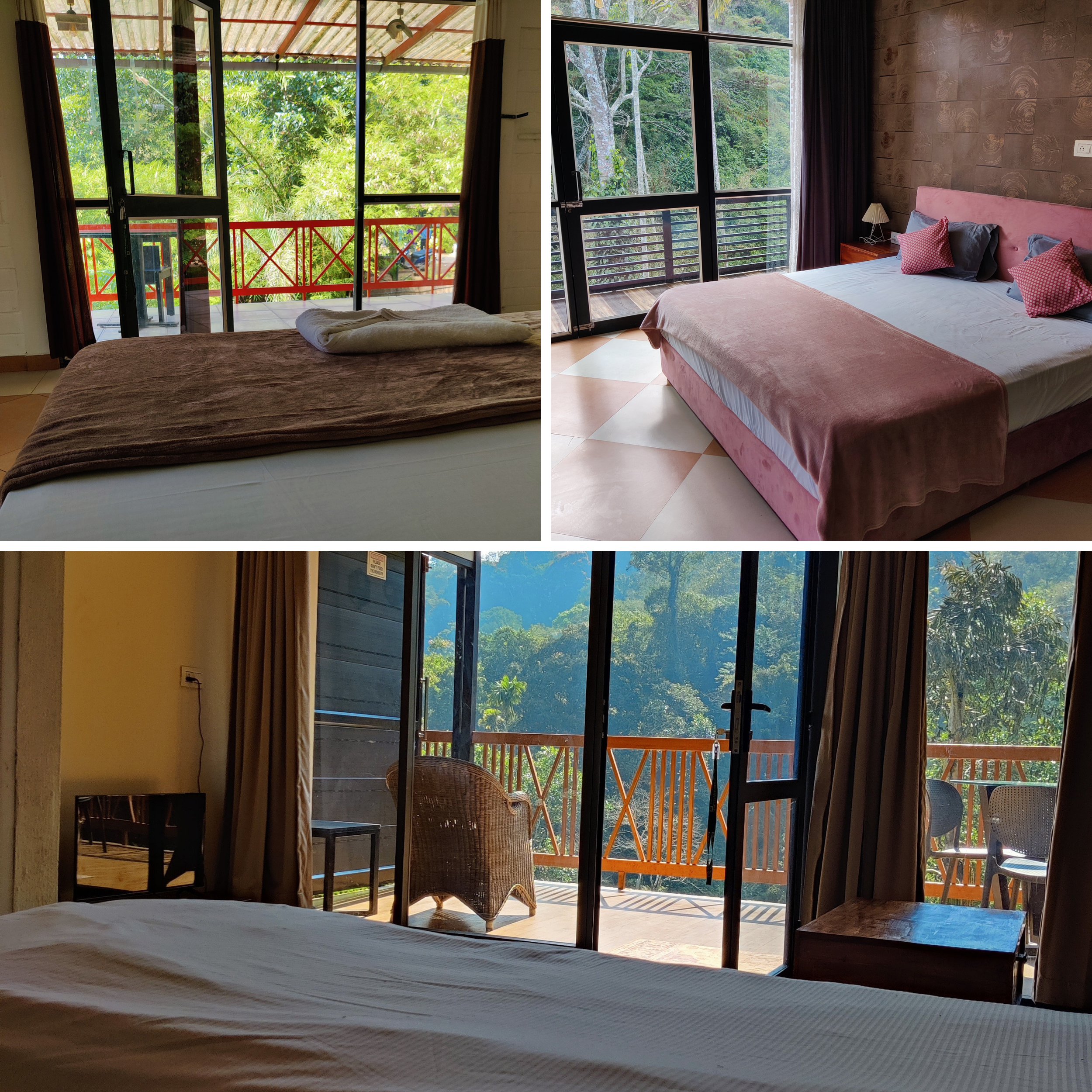 Three hotel rooms, each furnished with a bed, curtains, and decorative elements. The top image features a clean, modern room with a white bed and neutral decor. The bottom left room has a bed with a dark red cover, gray brick walls, and modern lighting. The bottom right room has a bed with a yellow bedspread, large windows with curtains, and a mixed tile floor.