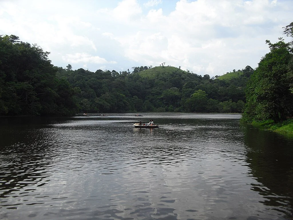 A river surrounded by green trees and hills, with a few boats on the water.