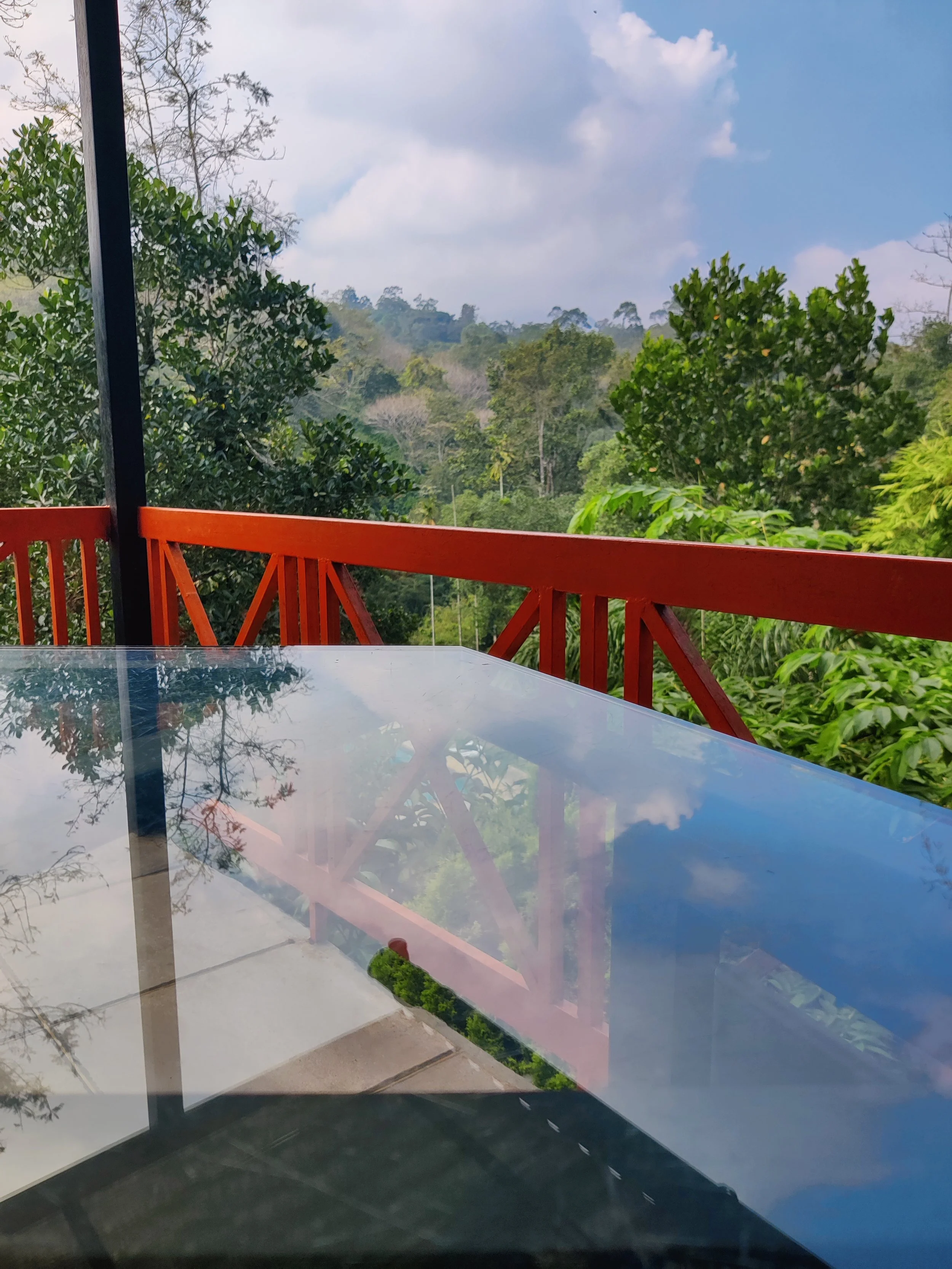 View from a balcony with a glass-top table and red railing, overlooking a lush green forest under a partly cloudy sky.