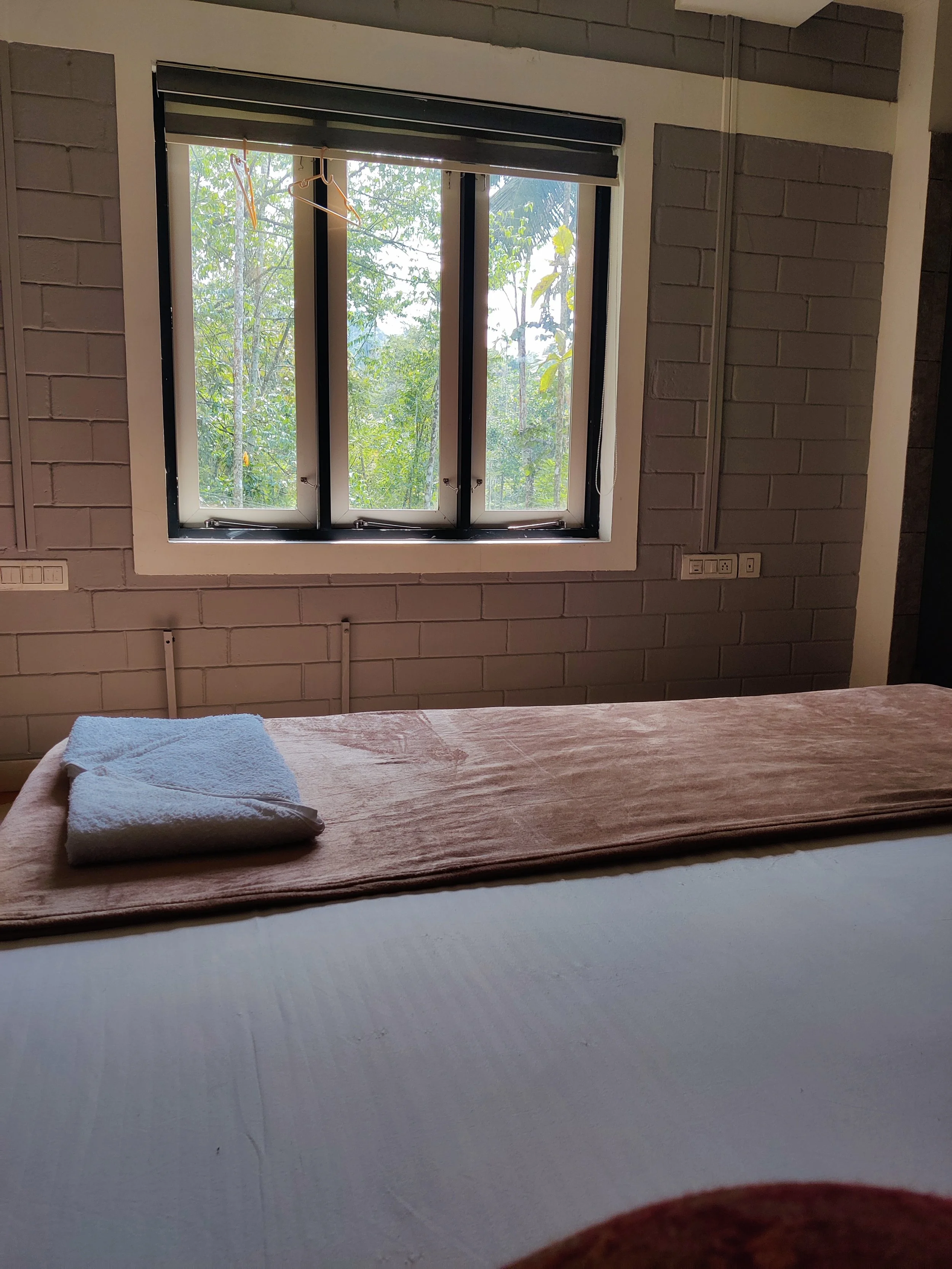 A bedroom with a bed covered in a white sheet and a pinkish-brown blanket, with a folded towel on top. There is a large window with three panes and a view of greenery outside, including trees and plants. The room has a brick wall painted in light gra