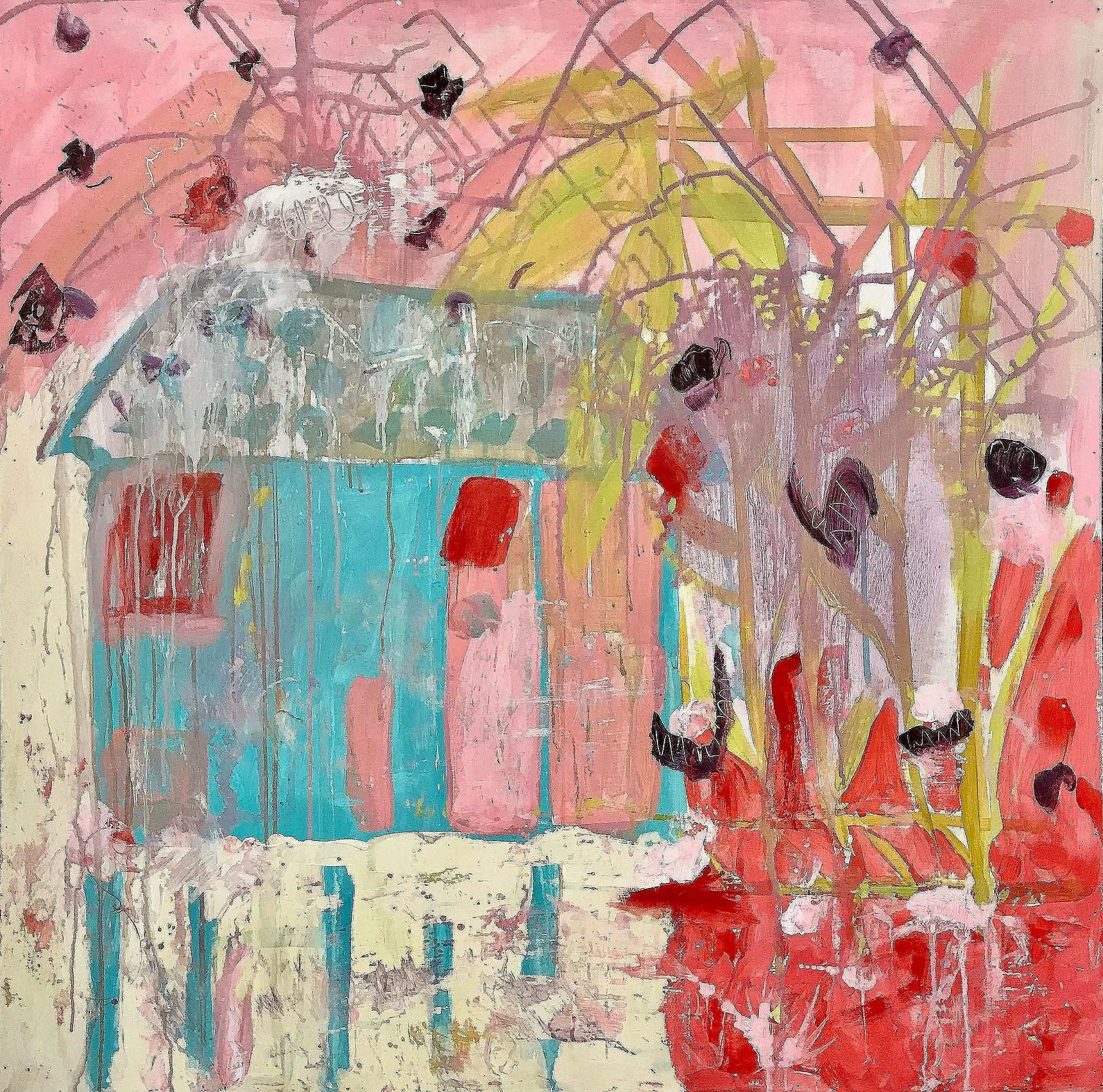 Pink house on the sand, Acrylic on wood; 48x48 in
