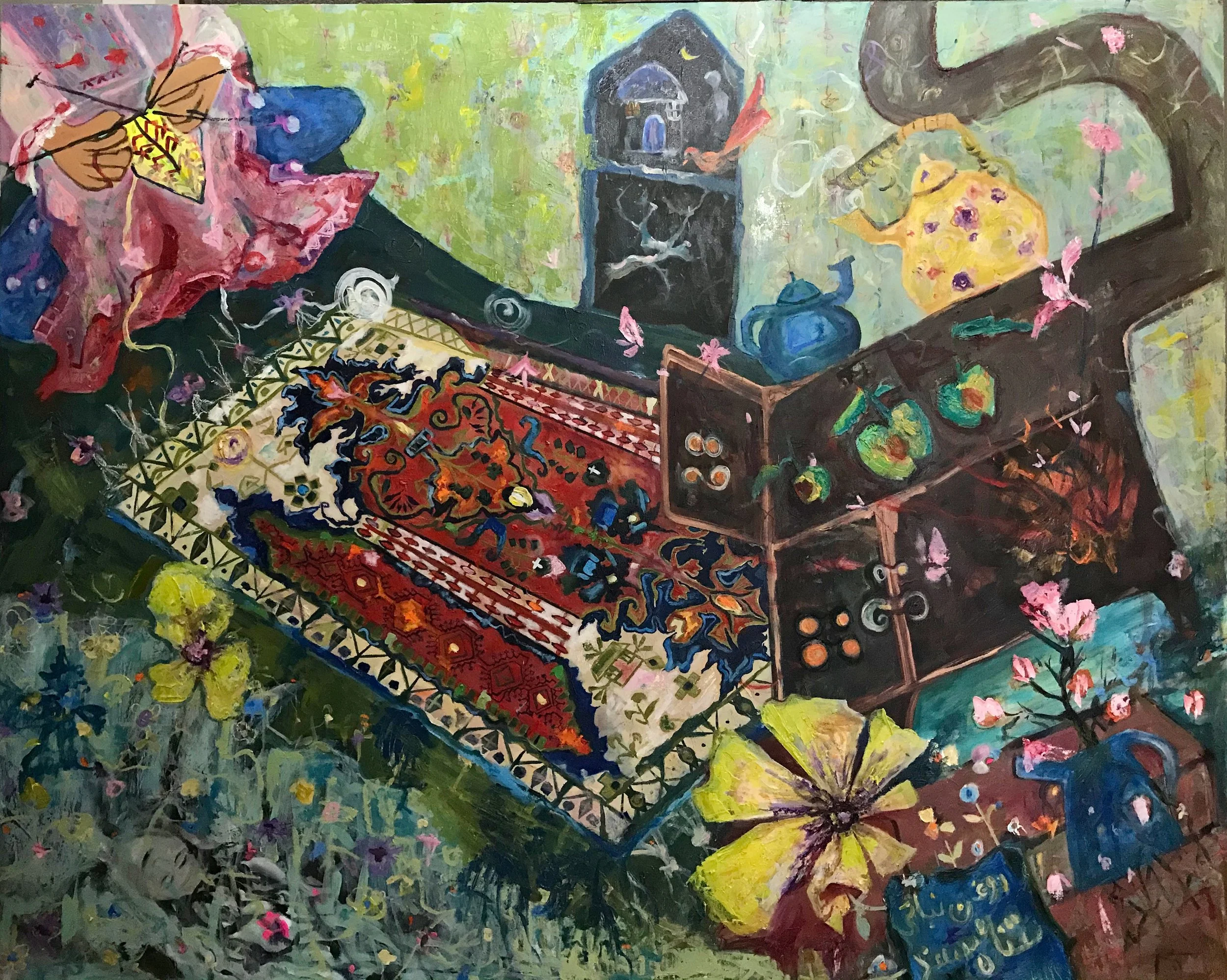 Silk socks in the river; Acrylic/Oil on canvas; 62x72 in