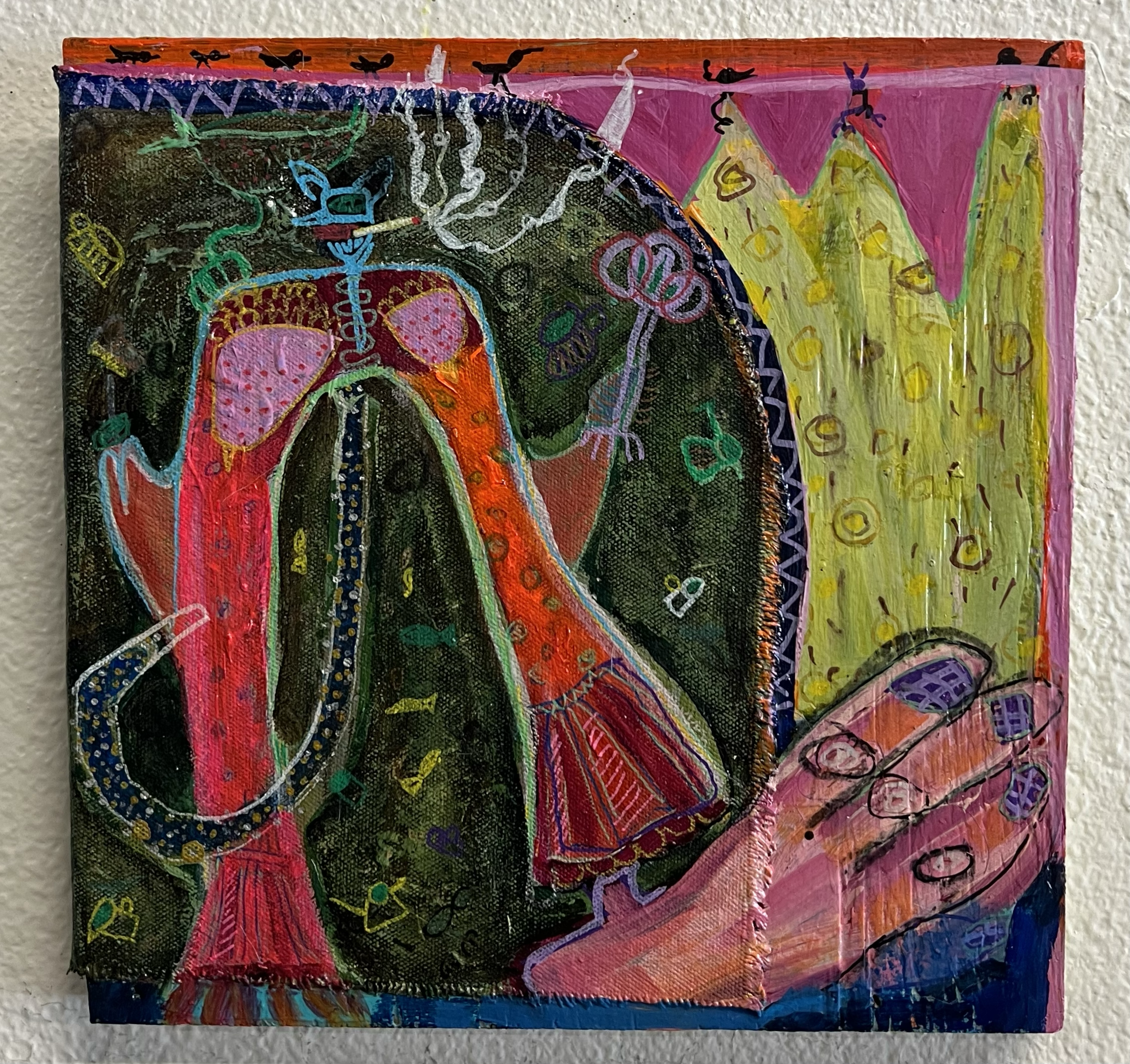 Fashion show; Mixed media on wood; 12x12 in