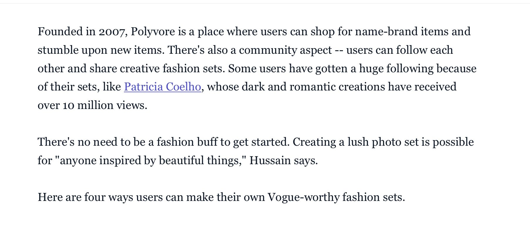 Artigo no outlet Mashable sobre o Polyvore com destaque para Patricia Coelho.
