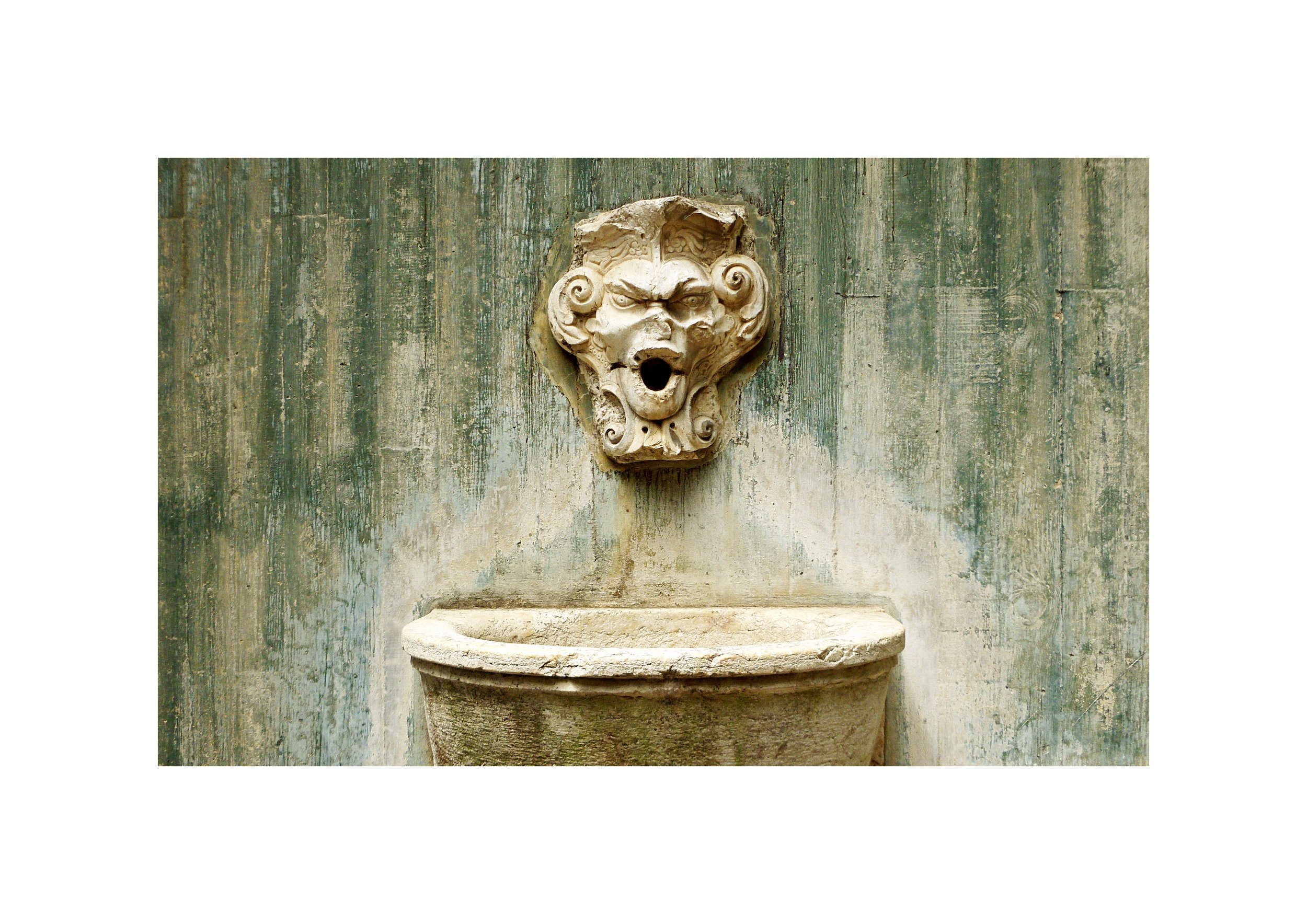 Fonte decorativa com uma escultura de um rosto de leão, feita de pedra, fixada na parede de madeira envelhecida, com uma bacia na parte inferior.
